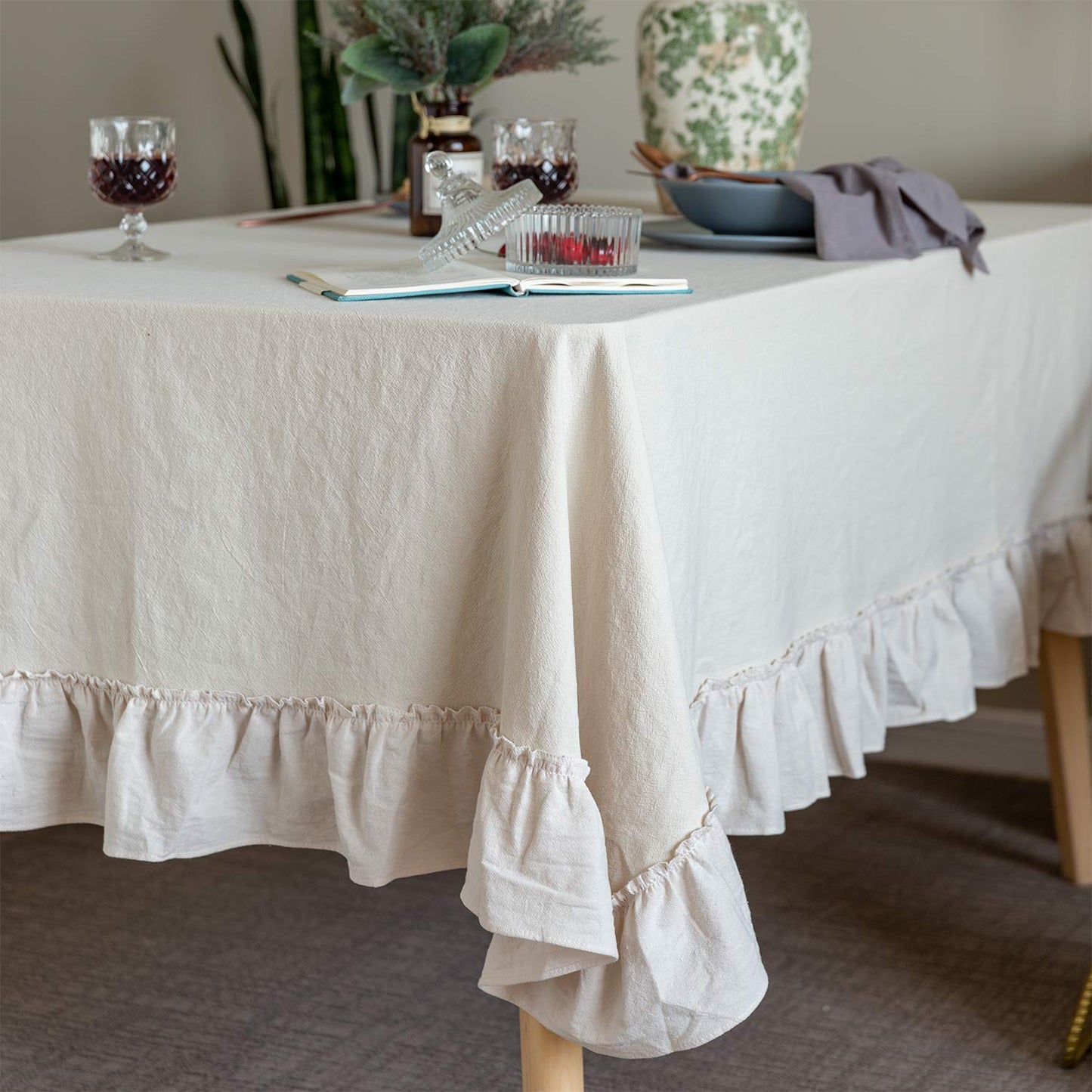GLORY SEASON Retro Farmhouse Ruffle Tablecloth Cotton Flounces Trim Washable Table Cover Tablecloths for Rectangle Table Baby Shower Kitchen Party Wedding Decor, 52''x70''