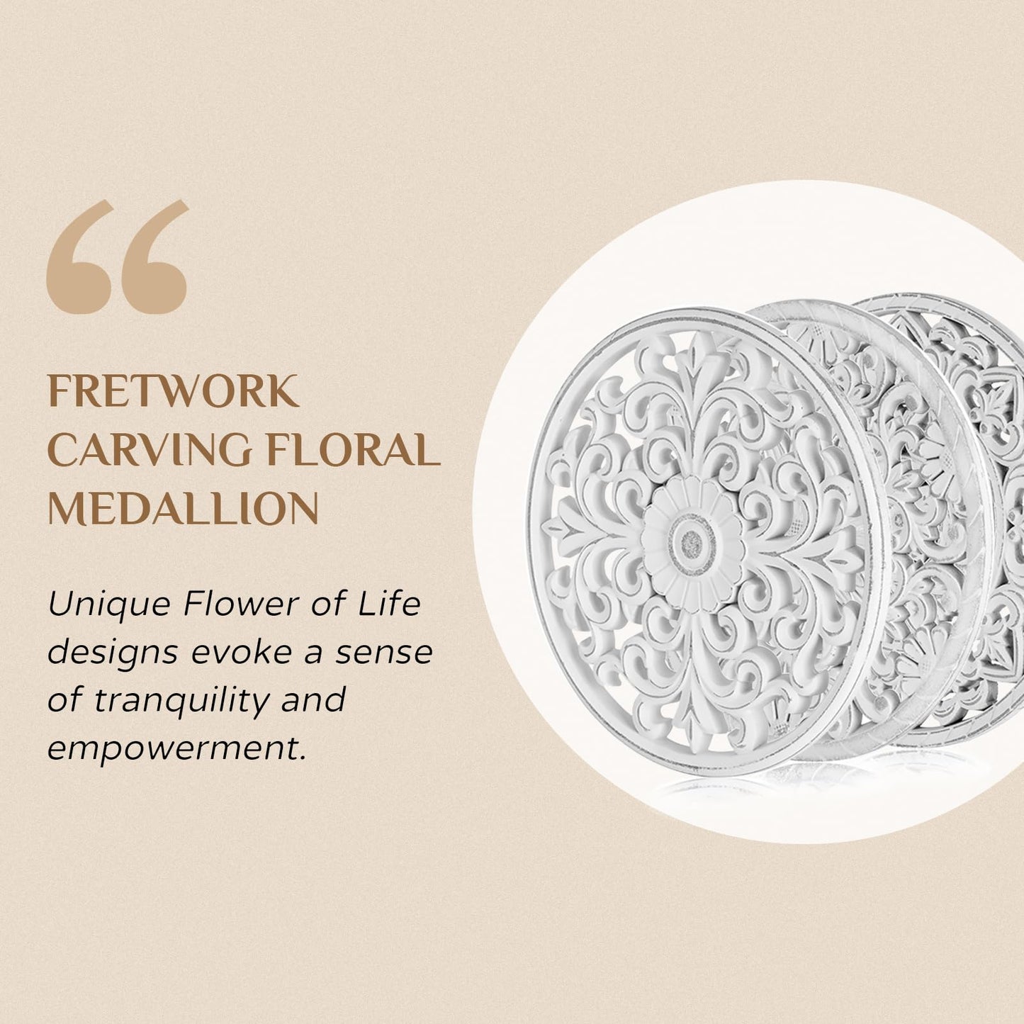 Walasis White Wall Decor Carved Medallion - Rustic Wood Wall Art Decorative Distressed Hanging Decorations Farmhouse Home Decoration for Living Room Bedroom Kitchen Bathroom Set of 3