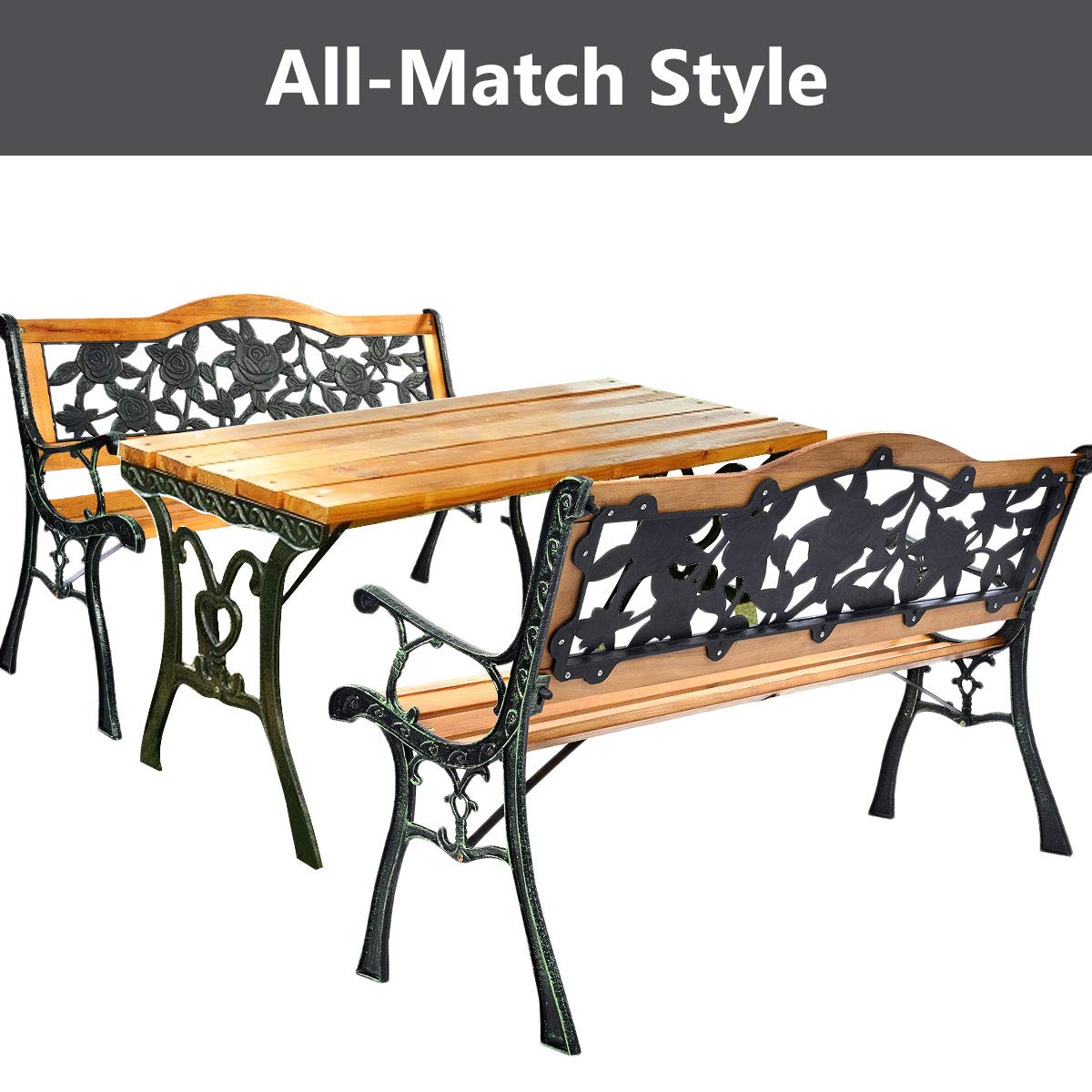 Giantex 50 Inch Patio Bench, Outdoor Furniture Rose Cast Iron Hardwood Frame Porch Loveseat, Weather Proof Porch Path Chair for 2 Person Outside Bench