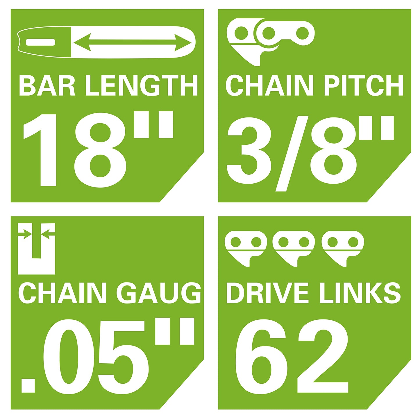 Greenworks 18" Chainsaw Bar and Chain Combo, 3/8" Pitch, 0.05" Gauge, 62 Drive Links, Genuine Greenworks Replacement Part