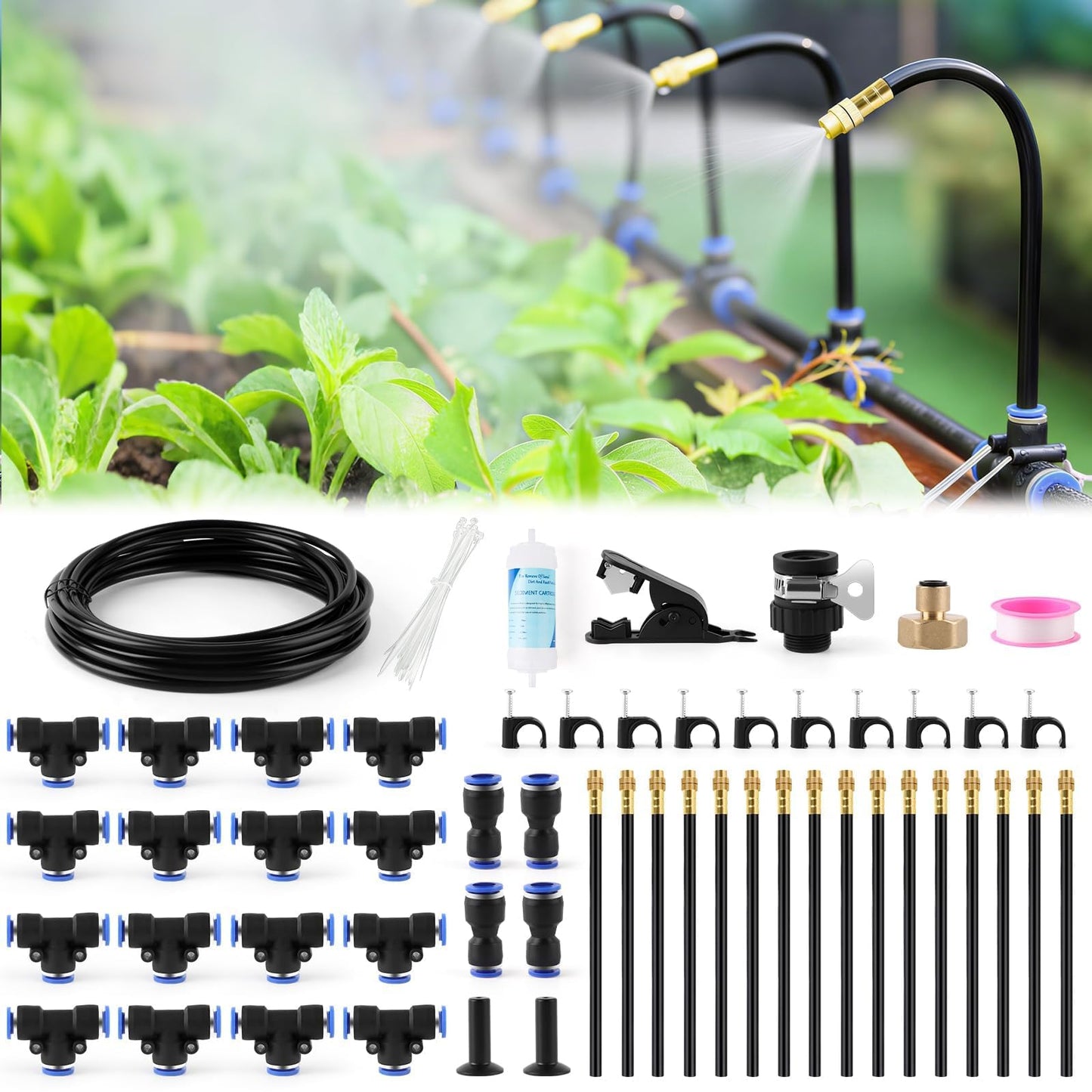 Kalolary 1/4" Drip Irrigation System, Garden Watering System with 16pcs Adjustable Copper Nozzles Automatic Atomizing Watering Sprinkler System for Yard Lawn Outdoor Irrigation