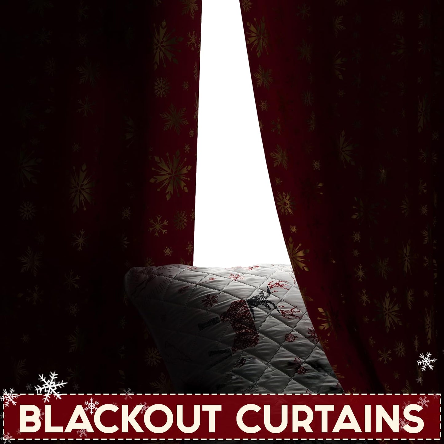 FRAMICS Christmas Curtains for Living Room and Bedroom - Gold Snowflake Foil Print, Blackout, Red, 84 Inch Length, 2 Panels Set, Grommet Window Curtains for Winter
