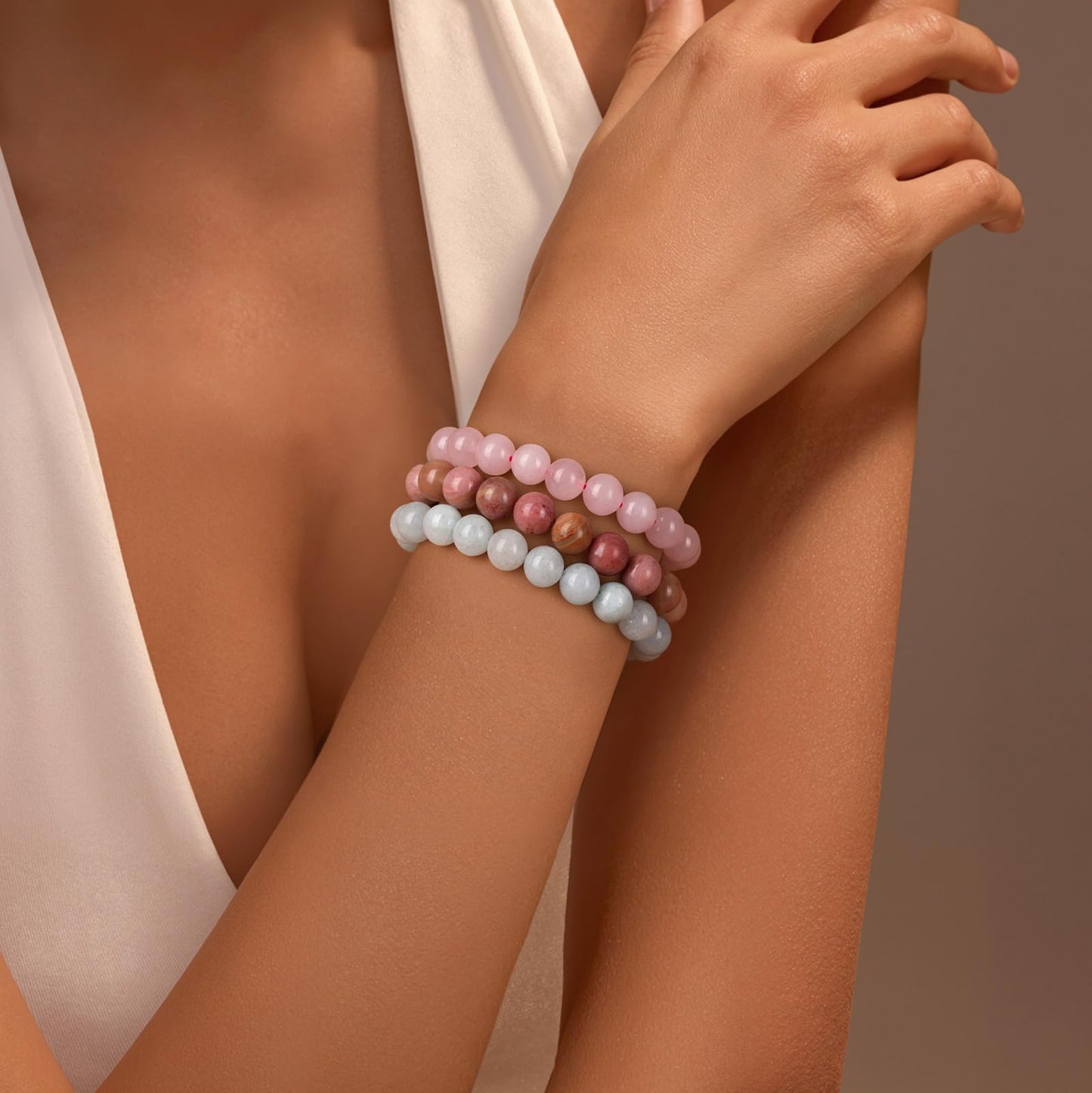 Vinswet Healing Crystal Bracelets for Women Men 8mm Rose Quartz Aquamarine Rhodochrosite Natural Stone Beaded Stretch Bracelet Triple Protection Handmade Gemstone Reiki Spiritual Jewelry Gifts