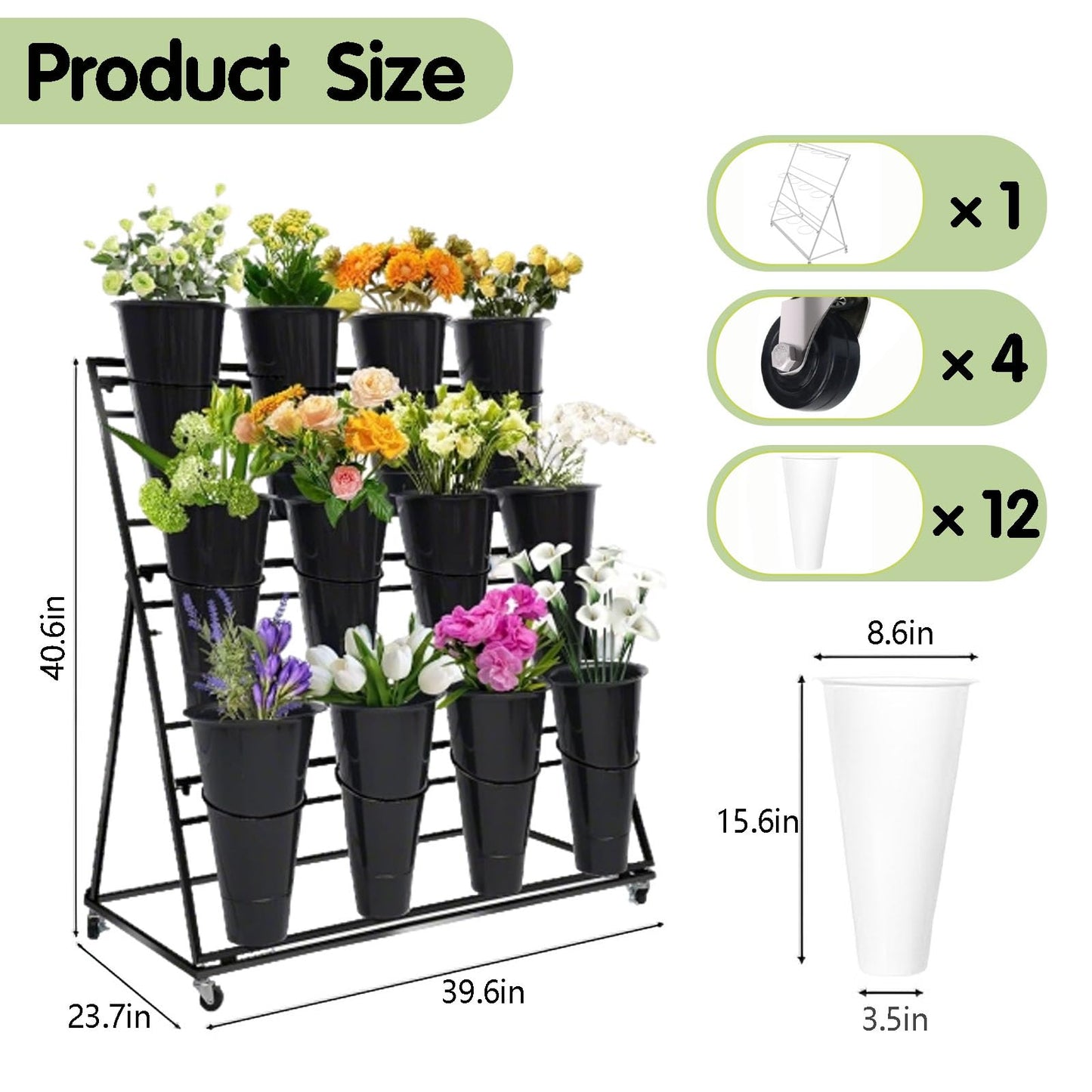 Flower Display Stand with 12 Buckets, 3 Layers Flower Bar Cart with Wheels, Metal Flower Plant Stand, Moving Florist Bouquet Shelf, for Outdoor Indoor Garden Patio Florist Weddings (A-Black)