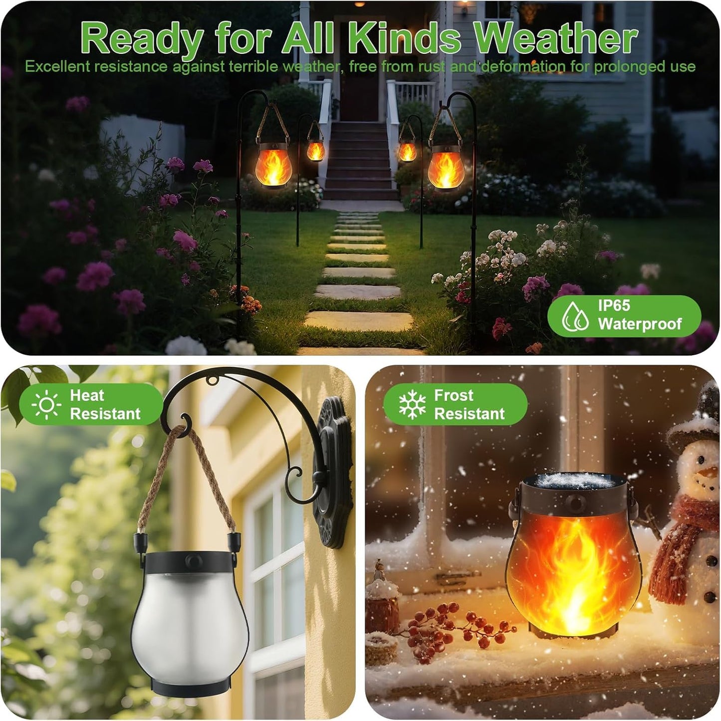 Solar Lanterns Outdoor Waterproof - 2 Pack Flickering Flame Hanging Lights with 2 Modes & Solar USB Dual Charging for Outside Yard Garden Patio Porch Pathway Tabletop Holiday Decor