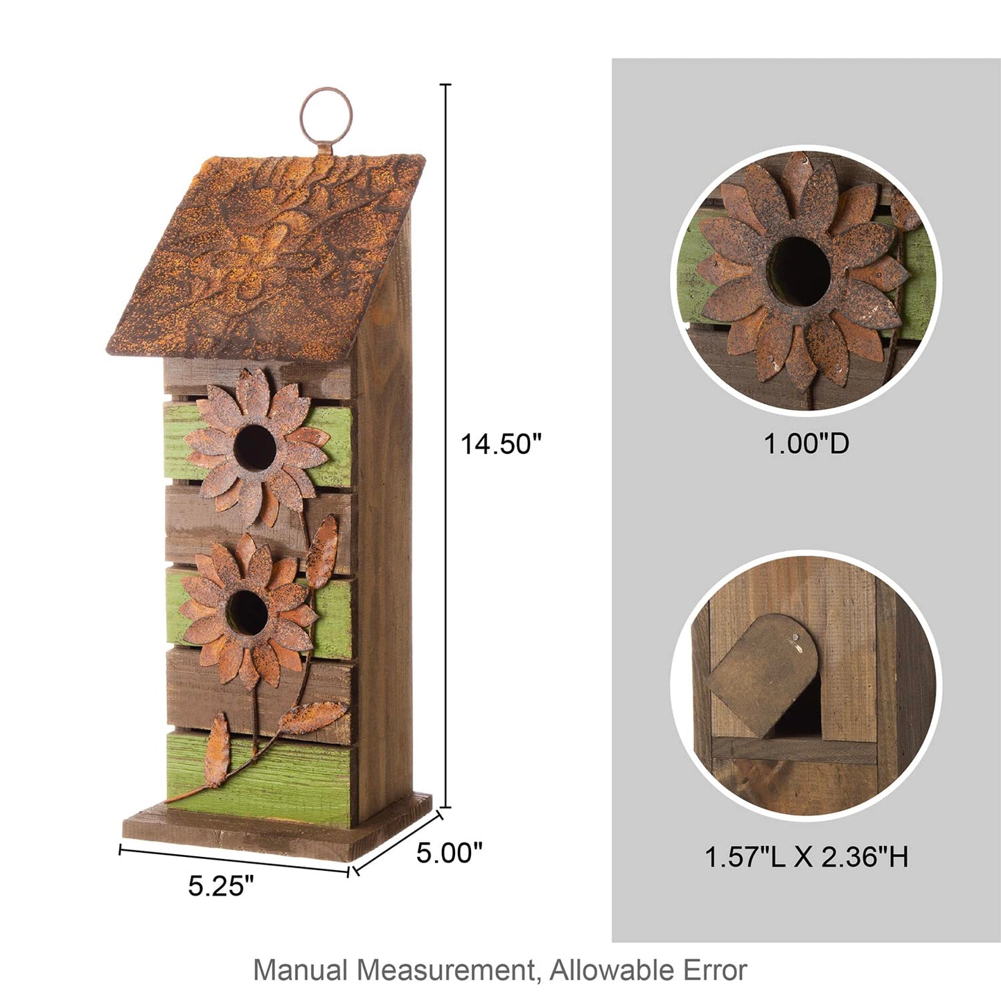 Glitzhome Bird Houses for Outside, 14.45" H Wooden Garden Hanging Bird House Two-Tiered Distressed with Flowers Decorative Birdhouse for Outdoors