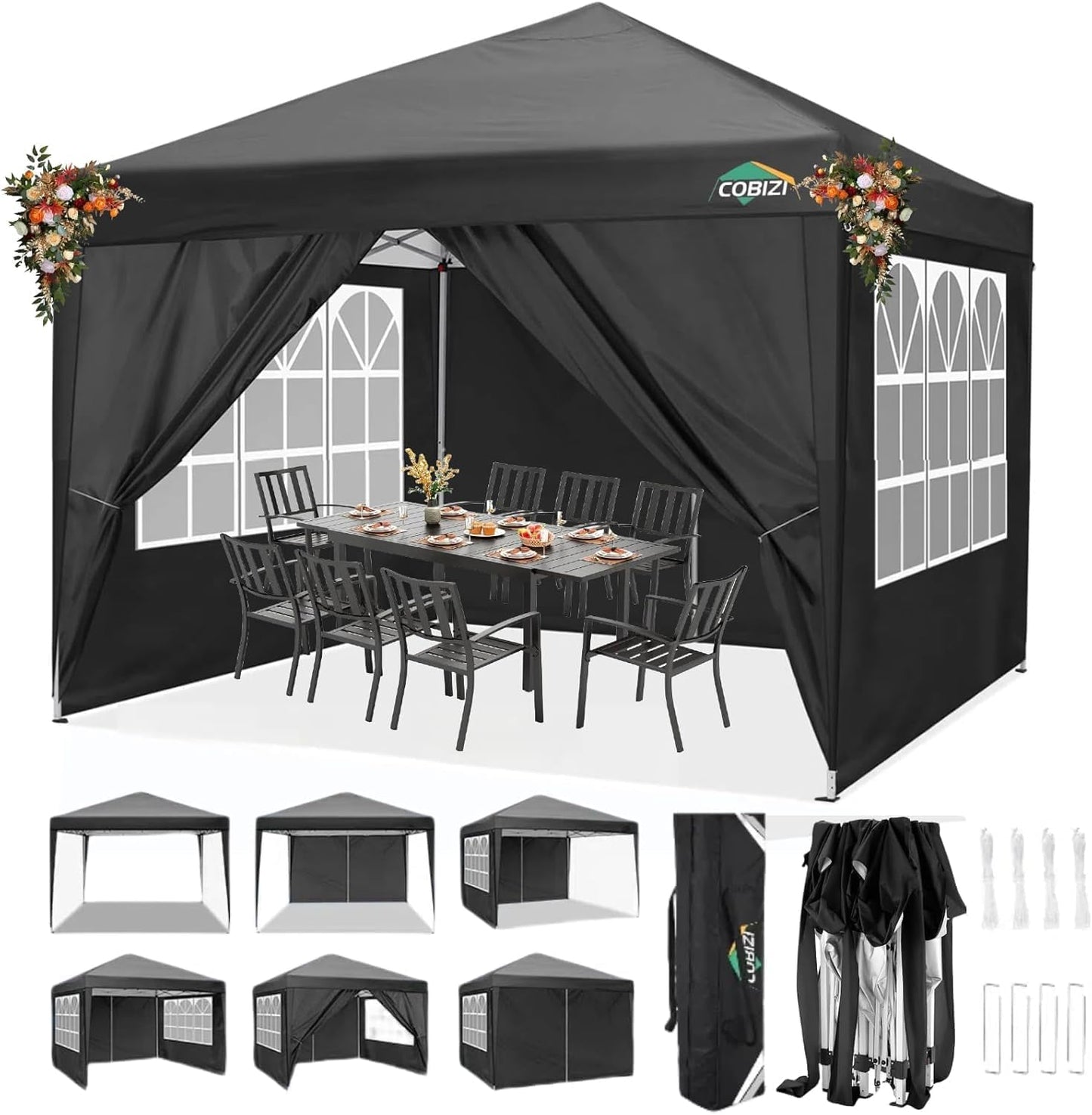 COBIZI 10x10 Pop Up Canopy Tent with 4 Sidewalls Party Tents Waterproof UPF 50+ Commercial Instant Outdoor Events Tent for Parties Markets Backyard, Ropes（10 x 10 ft Black
