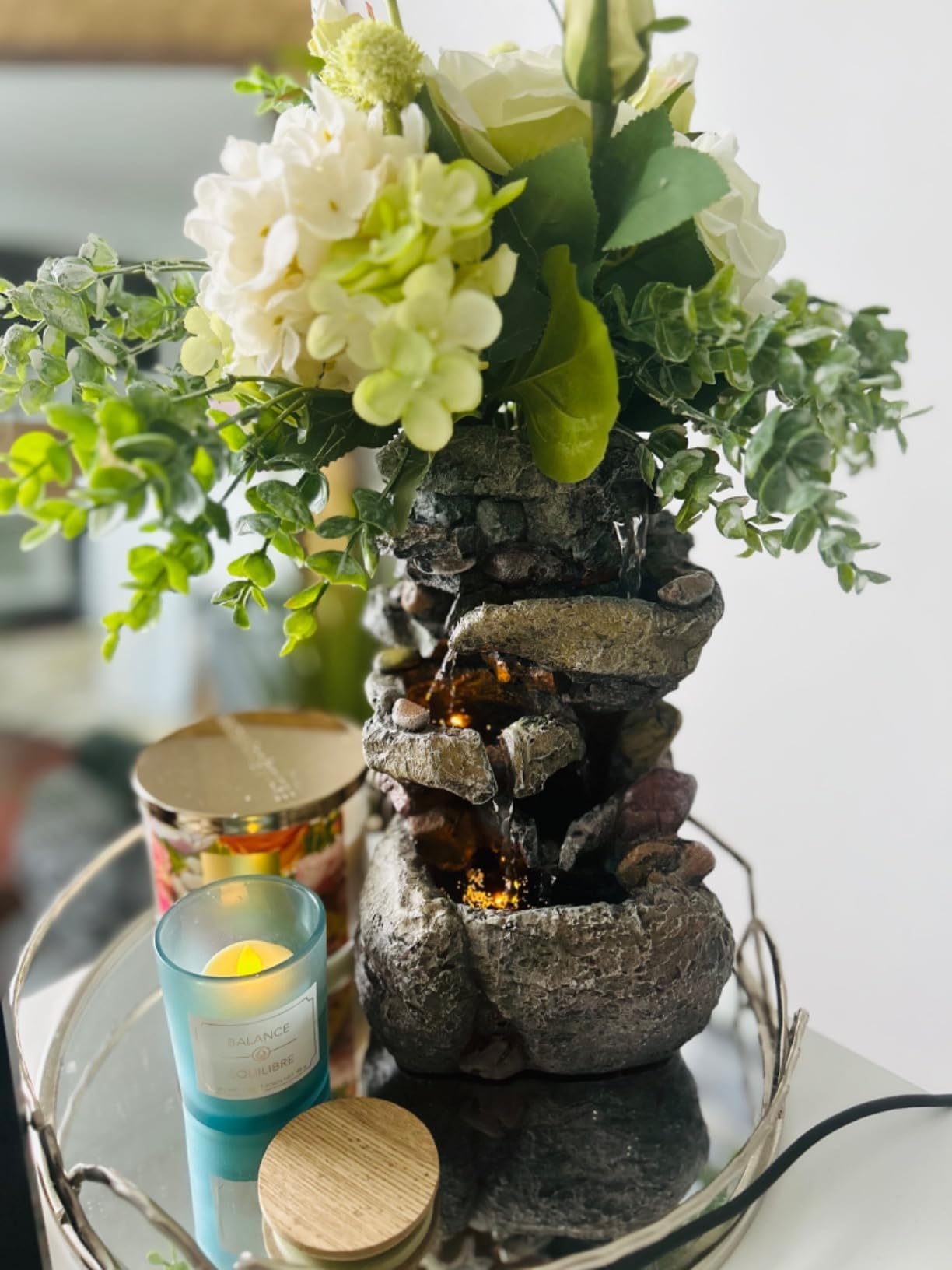Tolevoit Tabletop Water Fountain with LED Lighting for Indoor Decor and Ambiance Relaxation Soothing Sound Waterfall Indoor Zen Relaxation for Office Home Decorations Growing Plants by Yourself