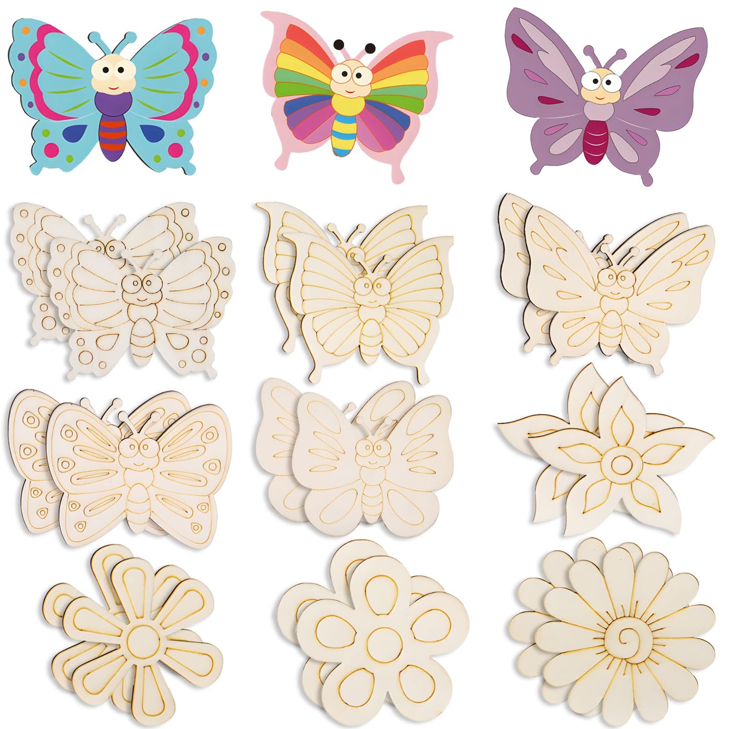 26PCS Wooden Butterflies & Flowers Ornaments to Paint, Various Sizes and Shapes Butterflies and Flowers DIY Blank Unfinished Wood Cutouts Ornament for Home Crafts Hanging Decorations