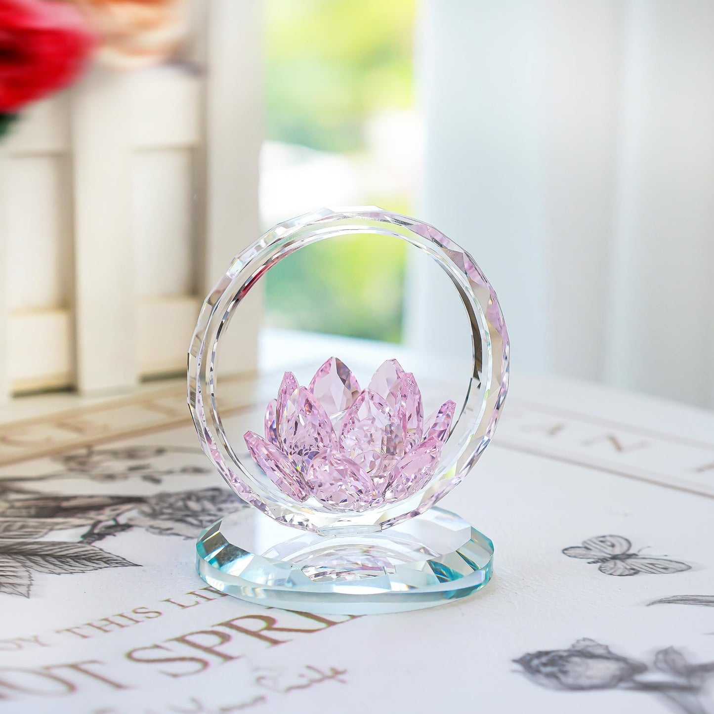H&D HYALINE & DORA Pink Crystal Lotus Flower Basket Figurine Crystal Lotus Figurine Collectible Glass Flower Basket Ornament for Home Tabletop Centerpiece Decor