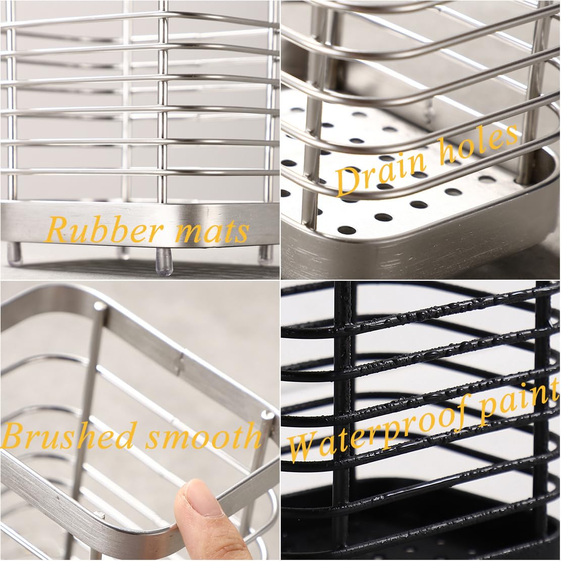 KEINEUX Utensil Holder Kitchen Countertop Organizer, Cutlery Drainer Sink Caddy Storage Drying Rack for Silverware Flatware and Cookware Stainless Steel(Black-L)