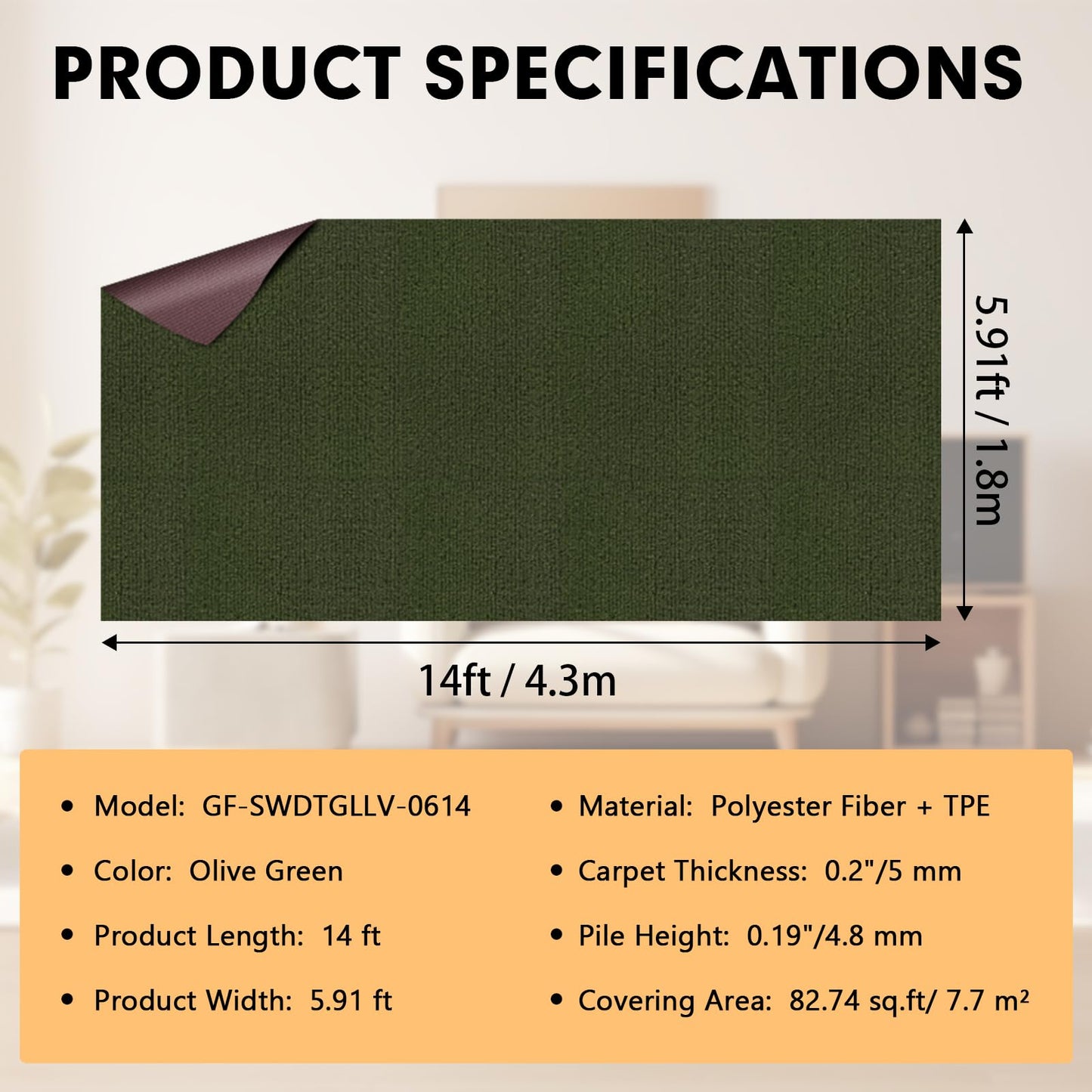 Grefinity Marine Carpet,6 FT x 14 FT Olive Green Indoor Outdoor Carpet 0.2" Thick with Water-Proof TPE Backing, Non-Slide for Home, Patio, Porch, Deck