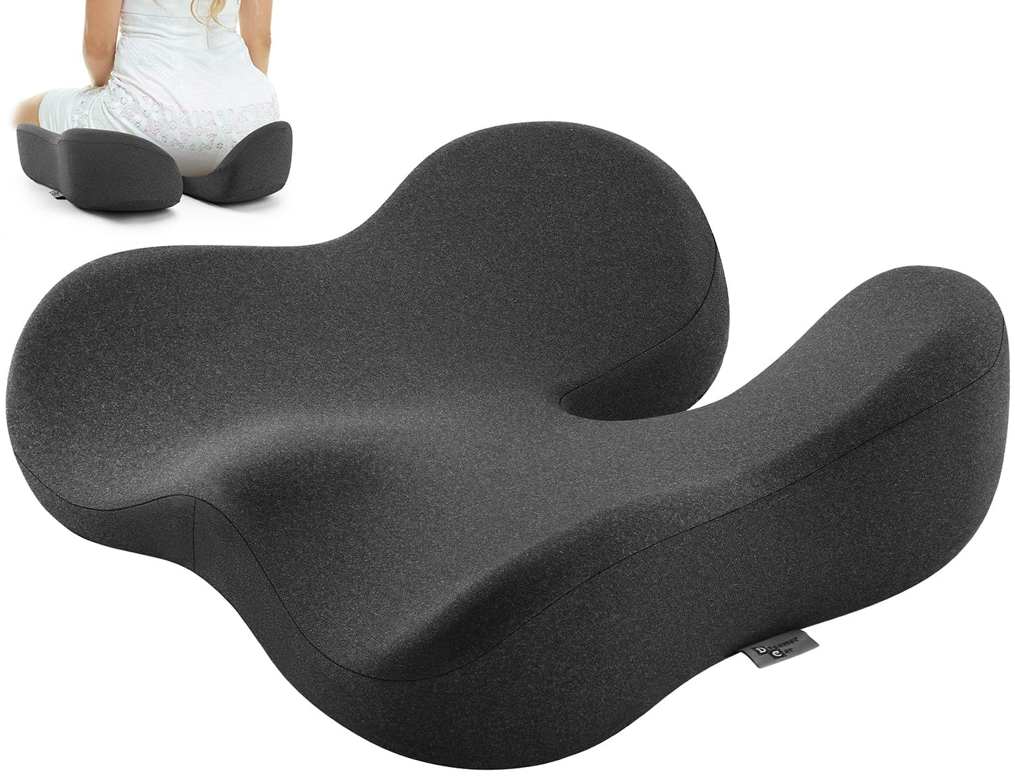 Seat Cushion for Tailbone & Sciatica Pain Relief – Certified & Ergonomist-Designed – Tapered Front Edge Reduces Thigh Pressure – Wide Memory Foam for Office Chair, Car, Wheelchair (Gray)