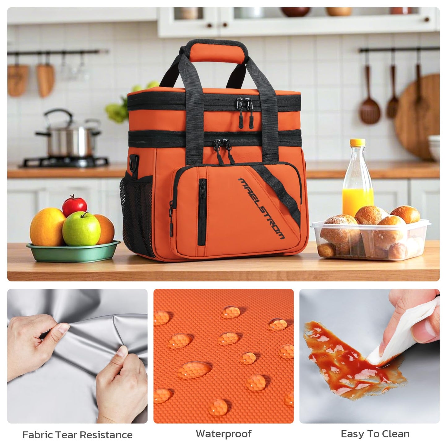 Maelstrom Lunch Box, 20L Insulated Lunch Bag for Men Women, Expandable Double Deck Leakproof Cooler Bag with 6 Pockets, Reusable Lunch Tote Bag for Work, Picnic, Travel, Orange