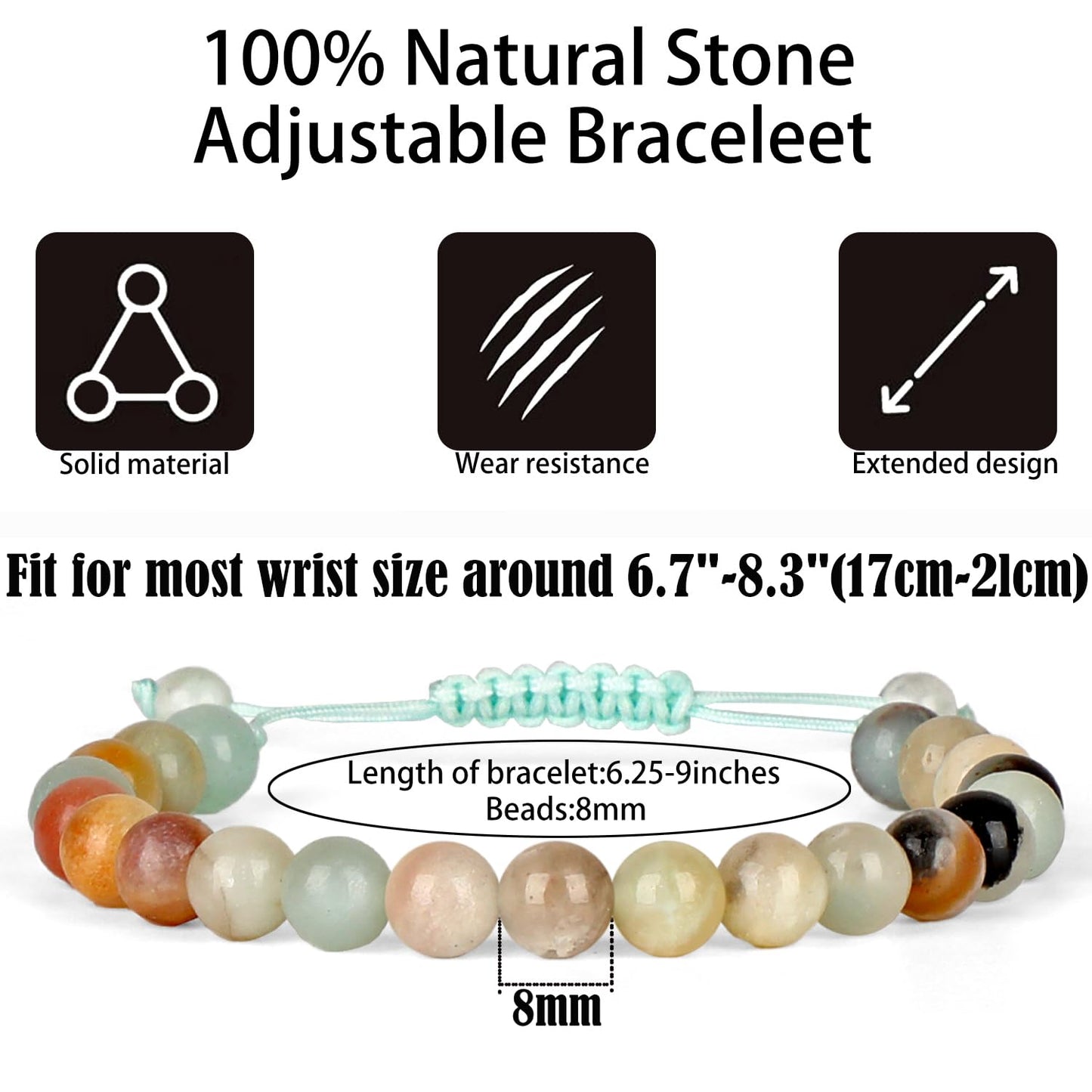 QOGIR Handmade Healing Stones Bracelet,8mm Natural Multi Color Amazonite Gemstone Beads Bracelet,for Men Women Gifts with 2PCS Size Adjustable Rope Bracelets