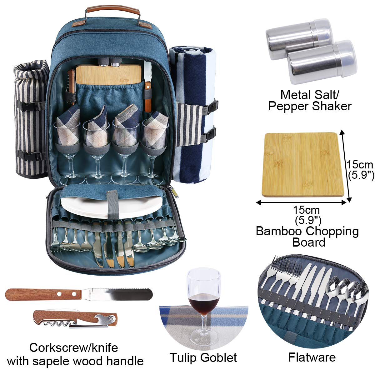 Sunflora Picnic Backpack for 4 Person Set Pack with Insulated Waterproof Pouch for Family Outdoor Camping(Blue & Stripe)