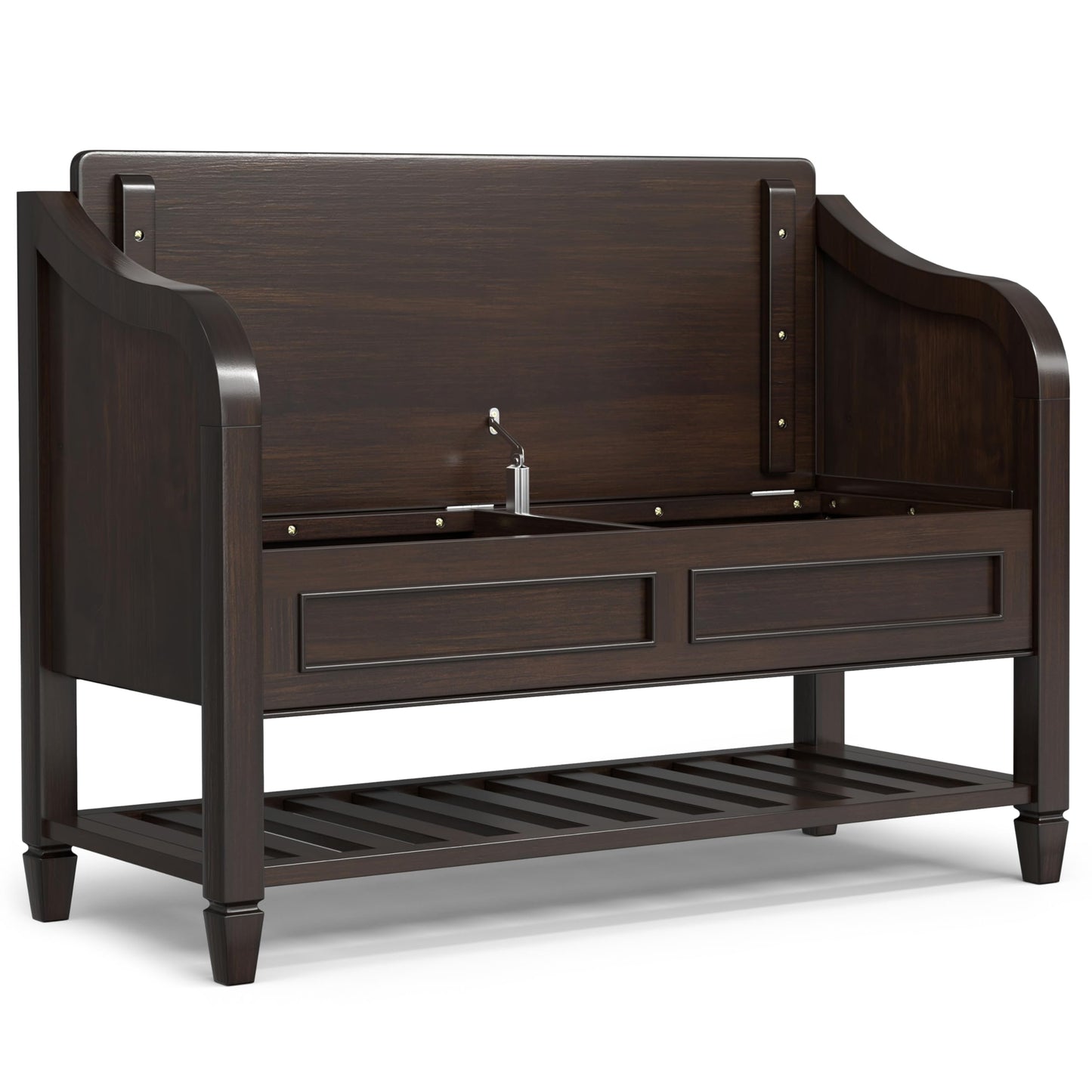 SIMPLIHOME Connaught SOLID WOOD 42 inch Wide Traditional Entryway Storage Bench with Shelf in Chestnut Brown for the Living Room, Entryway and Family Room