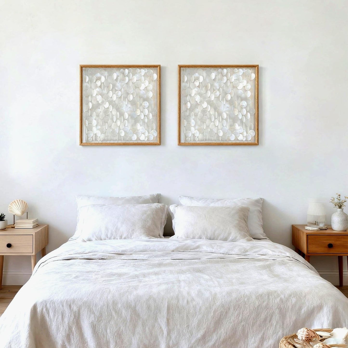 Bergamot 3D Handmade 24"x24" Capiz Shell Wall Hanging Decor, Solid Wooden Framed Coastal Wall Decor, Minimalist White Sea Shell Art for Living Room, Bedroom, Office