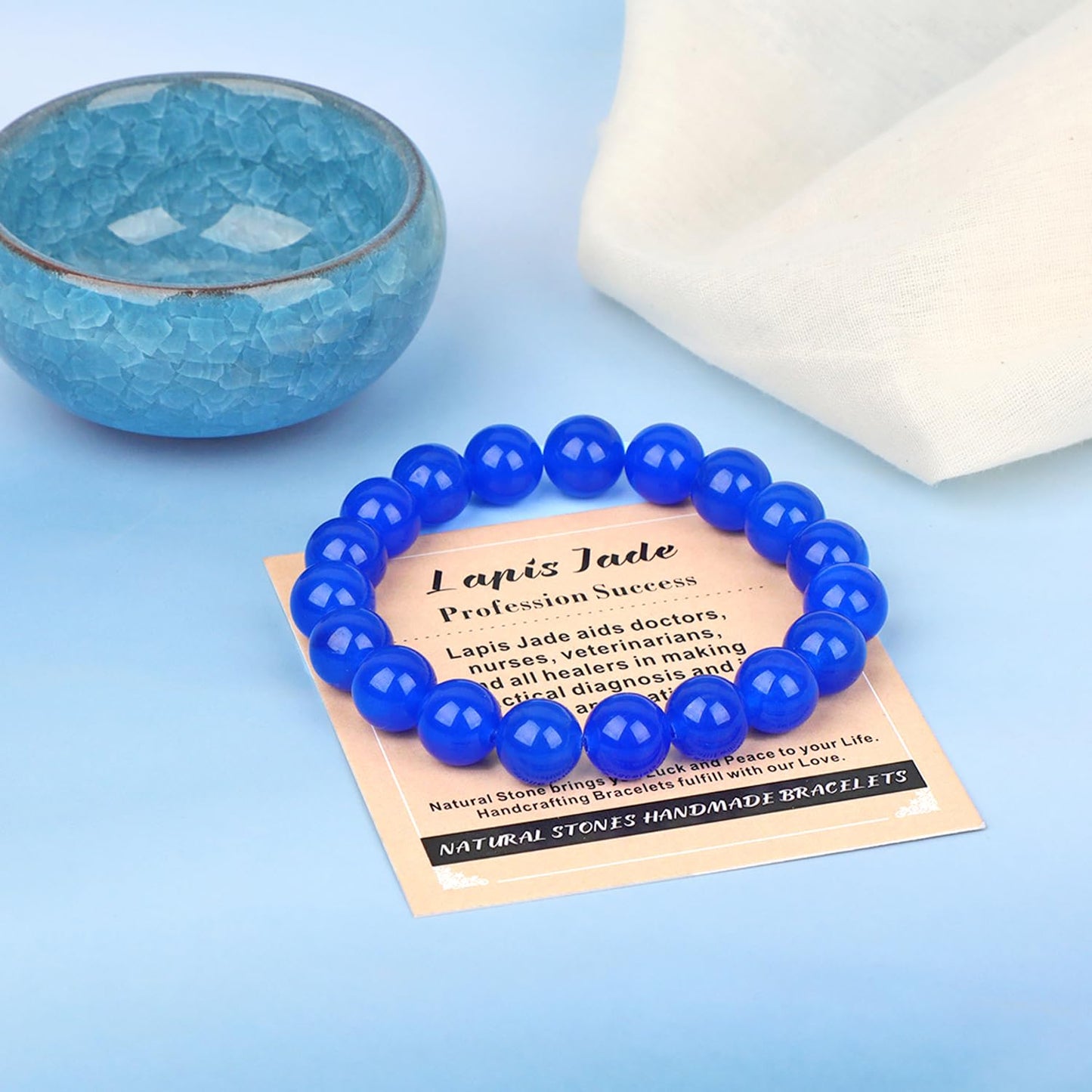 AD Beads Handmade Gemstone Stretch Elastic Bracelet Crystal Healing Reiki Nature's Beauty and Spiritual Essence Unisex (10mm, Blue Lapis Jade (Profession Success))