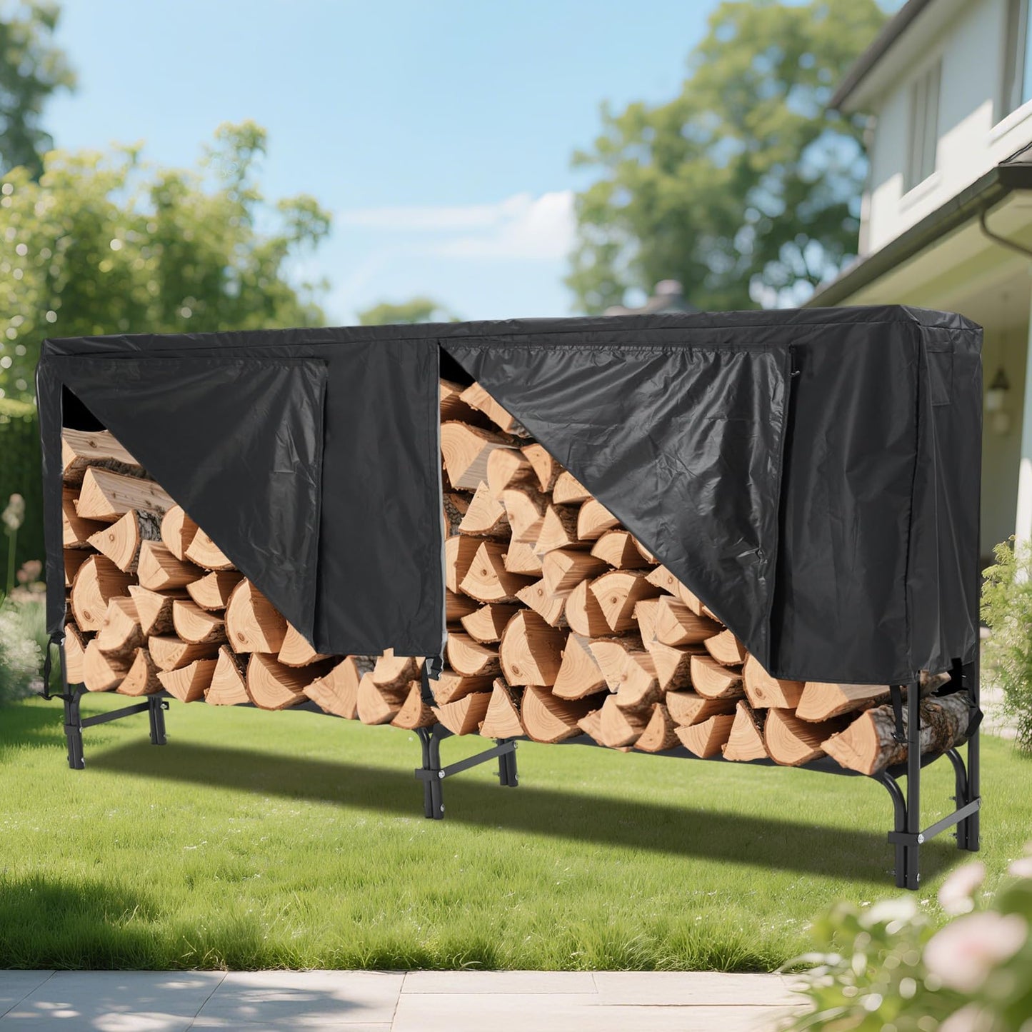 MERXENG 8ft Firewood Rack Holder with Cover, Heavy Duty Fire Log Stacker Stand for Fireplace, Outdoor Indoor Metal Wood Pile Storage Organizer, Patio Logs Stand tool, Black