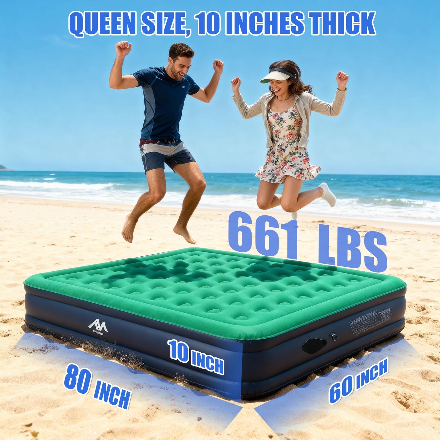 AYAMAYA Queen Camping Air Mattress with Built-in Rechargeable & Detachable Pump, 10" Height Inflatable Blow Up Airbed, Portable Self Inflating Sleeping Pad for Tents, Outdoor, Travel, Home, Guests