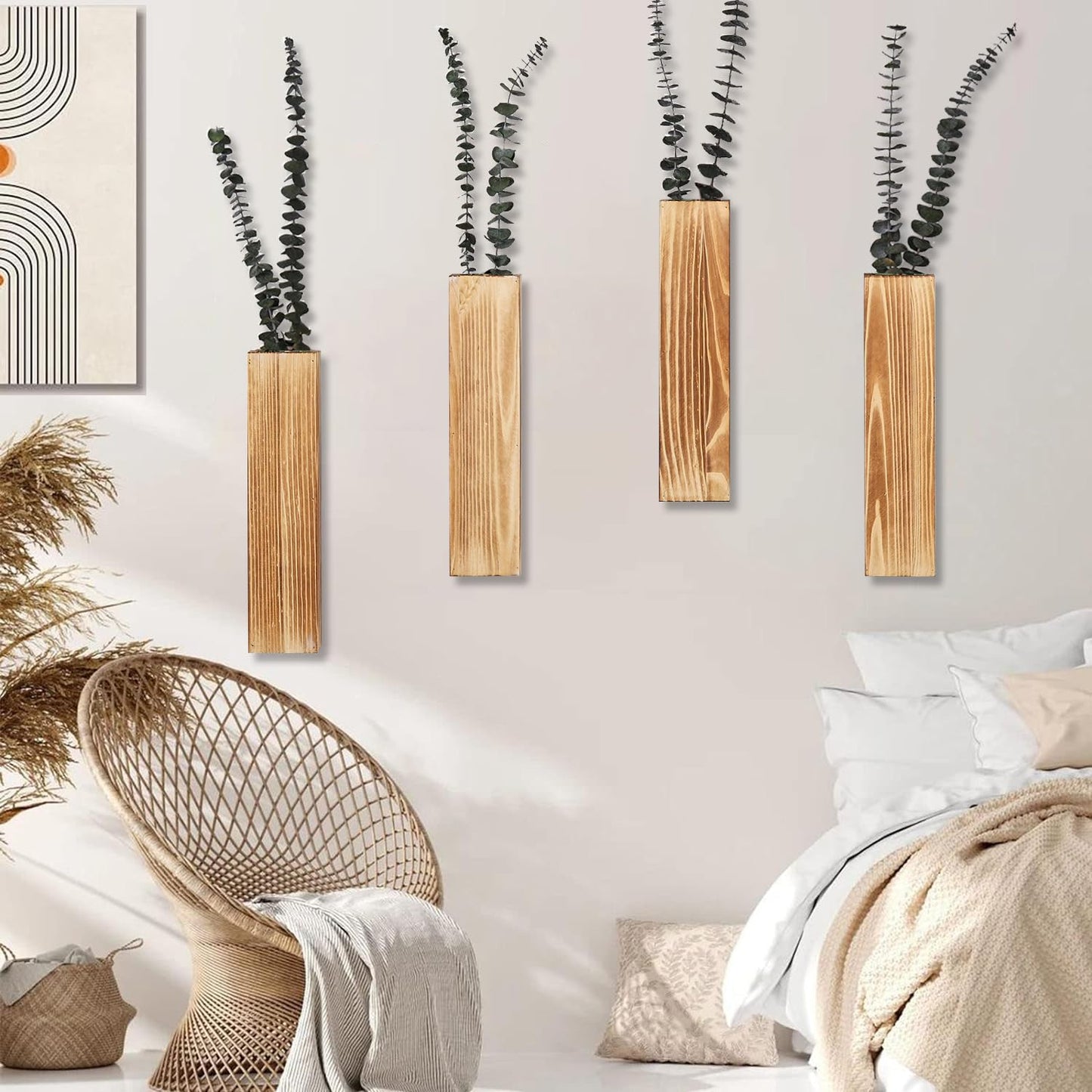 Sawoake Wooden Wall Planter Set of 4 - Modern Home Decor for Living Room, Bedroom, Bathroom - Brown Finish Planter for Dried Flowers, Faux Greenery, Indoor Plants