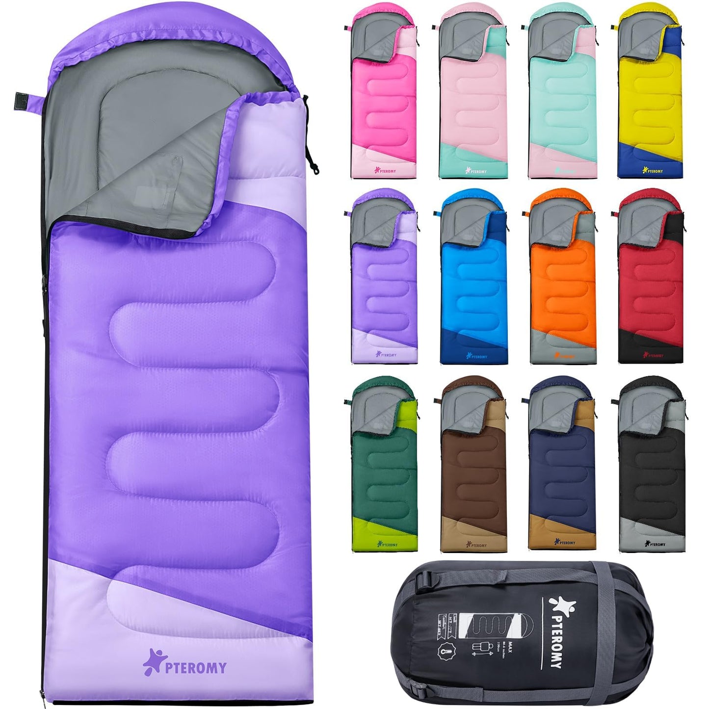 PTEROMY Sleeping Bags for Adults, Lightweight and Machine Washable, Water Resistant Backpacking Camping Sleeping Bag for Warm Cold Weather, Camping Essentials for Hiking Travel (Purple, 1.35kg)