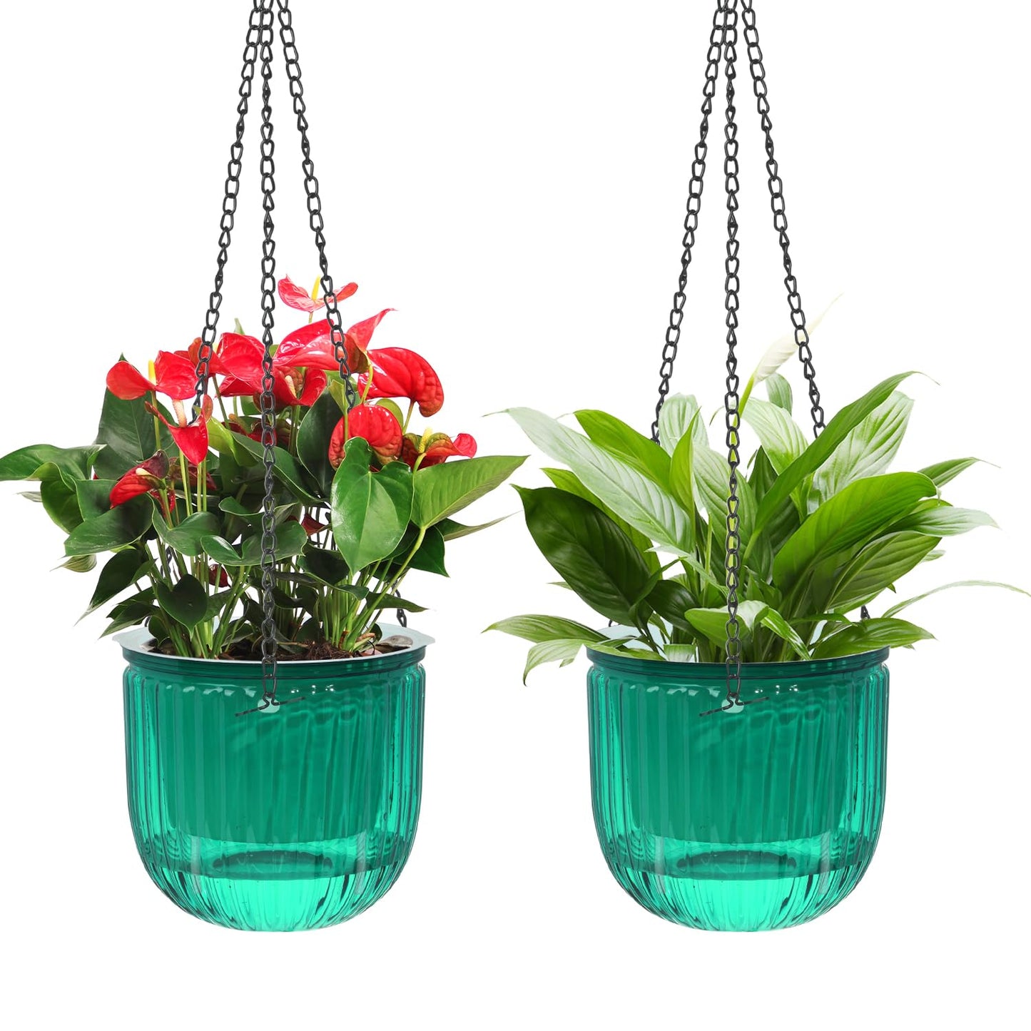 VIDELLY 2 Pack Self Watering Hanging Planters, 8.3" Plastic Hanging Flower Pots with Hooks & Drainage Holes for Indoor Outdoor Plants