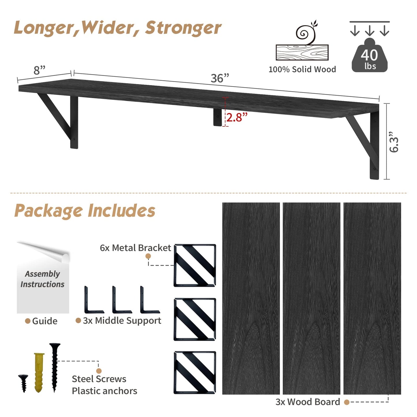 Forbena Floating Shelves 36 Inches Long 8 in Deep Set of 3, Large Wall Shelf for Bedroom Books, Heavy Duty Wide Wall Shelving for Living Room Office Kitchen Closet Organizers and Storage (Black)