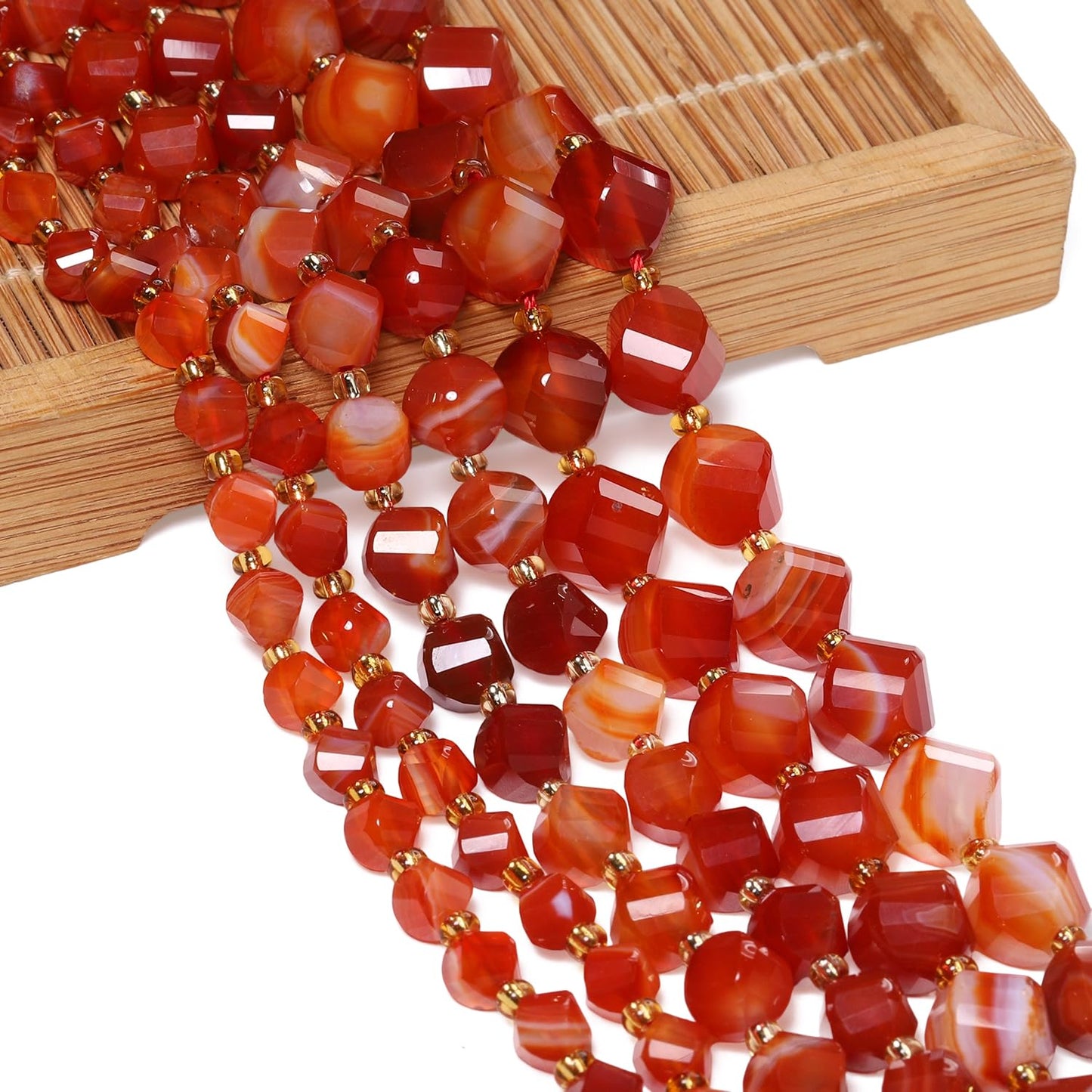 Yochus 42pcs Natural Red Striped Agate Stone Beads for Bracelet，2strands 6mm Facted Twist Loose Gemstone Beads for Jewelry Making DIY Craft Necklace Earring