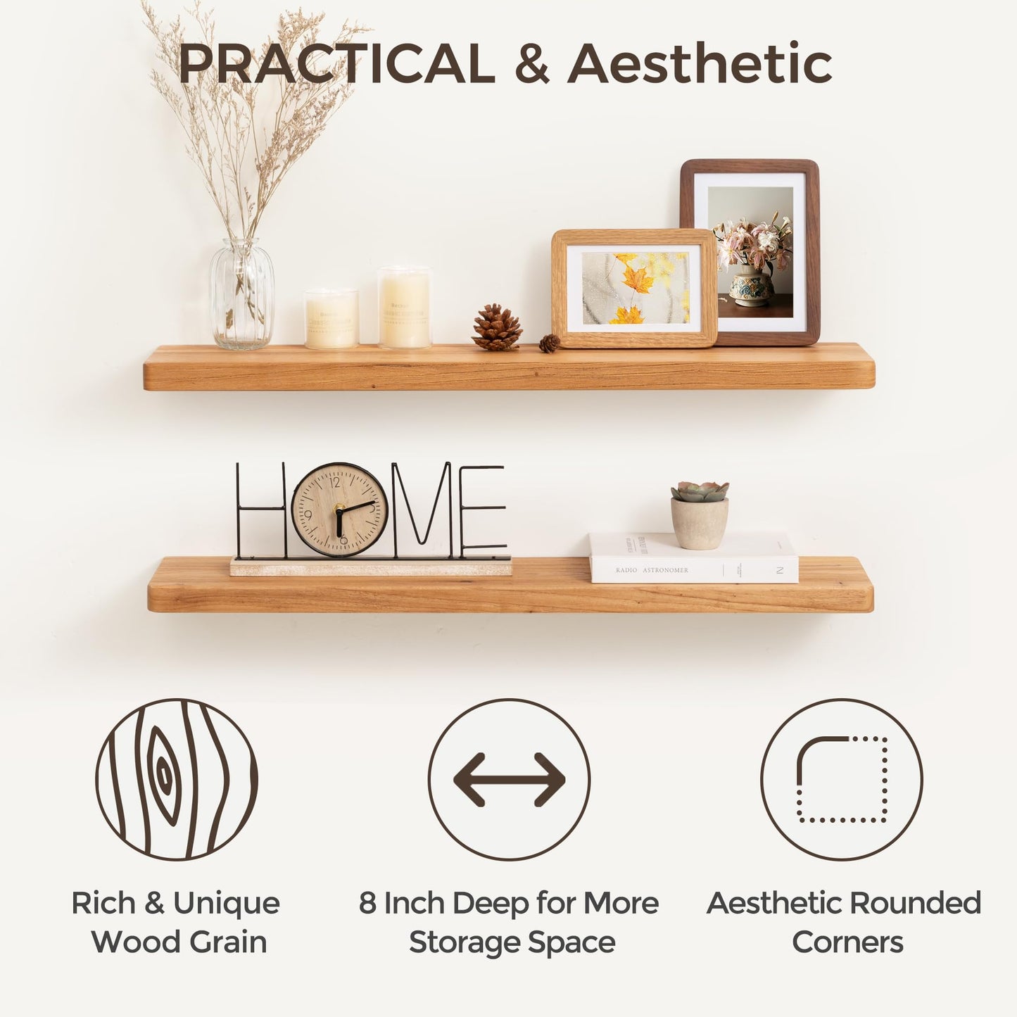Fun Memories 36 Inch Floating Shelves for Wall, Solid Elm Wood Wall Shelf for Home Decor, Heavy-Duty Hardwood Floating Shelf for Bedroom, Bathroom, Living Room, Set of 2