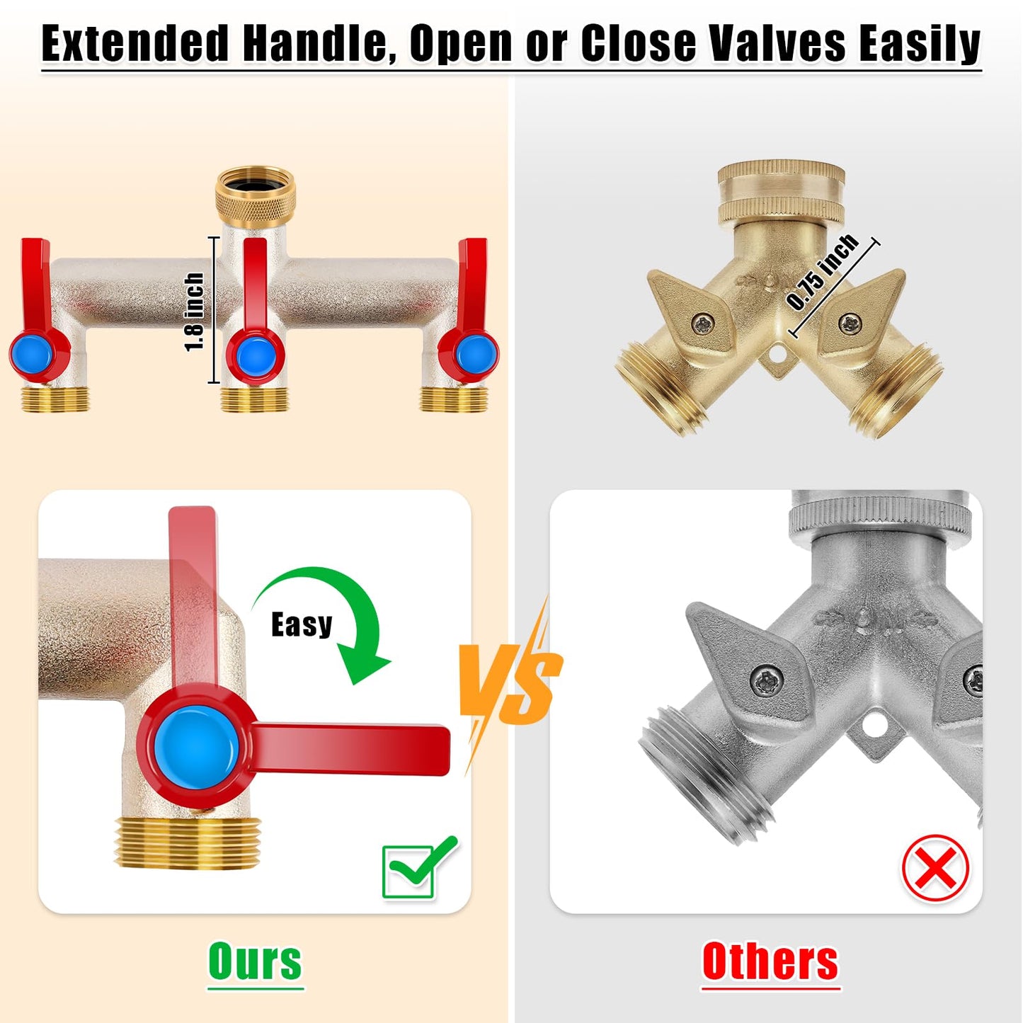 3 Way Brass Garden Hose Splitter, 3/4" Hose Splitter 3 Way Heavy Duty with Extension Handles, Outdoor Faucet Splitter Water Spigot Splitter with Individual On/Off Valve