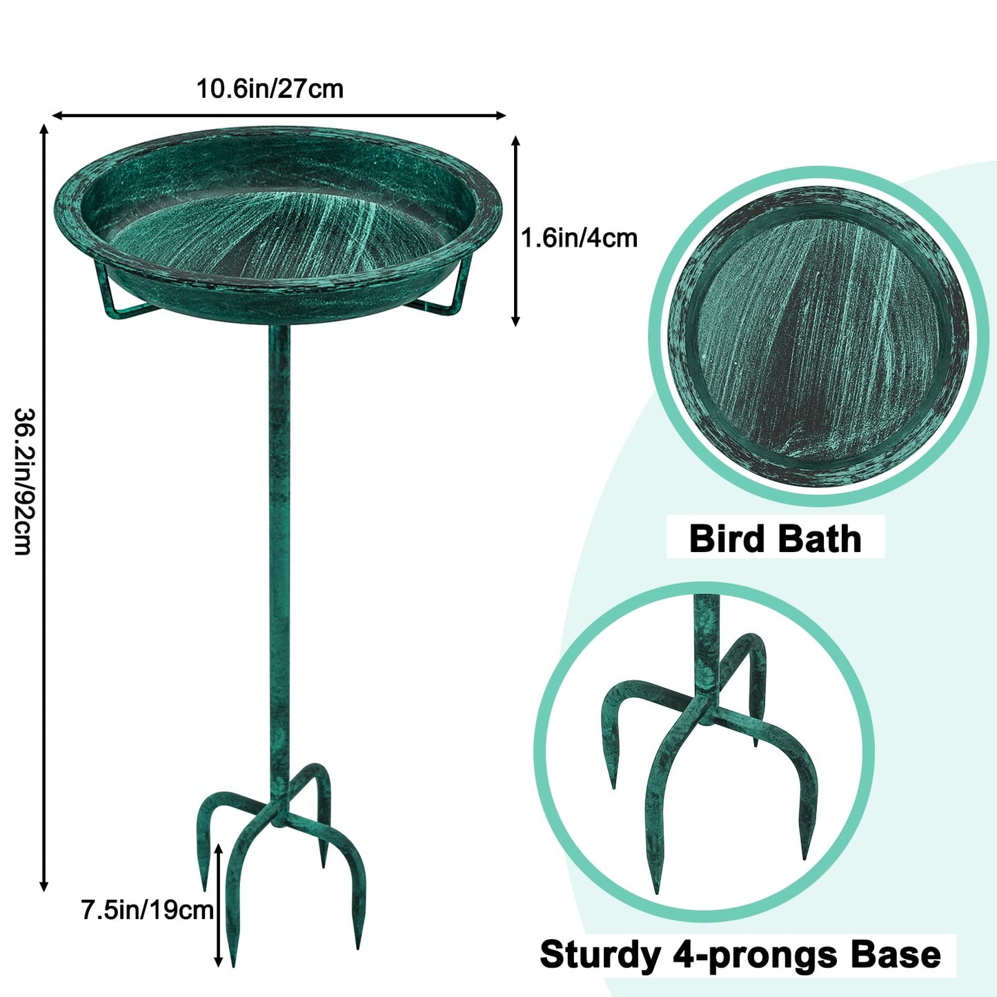 KHayRovies Metal Bird Bath for Outside, 36.2" Height Birdbath Bowl Standing Bird Feeders for Outdoors with 4 Prongs Base Stake, Freestanding Birdfeeders for Garden Yard Lawn Decor (Retro Green)
