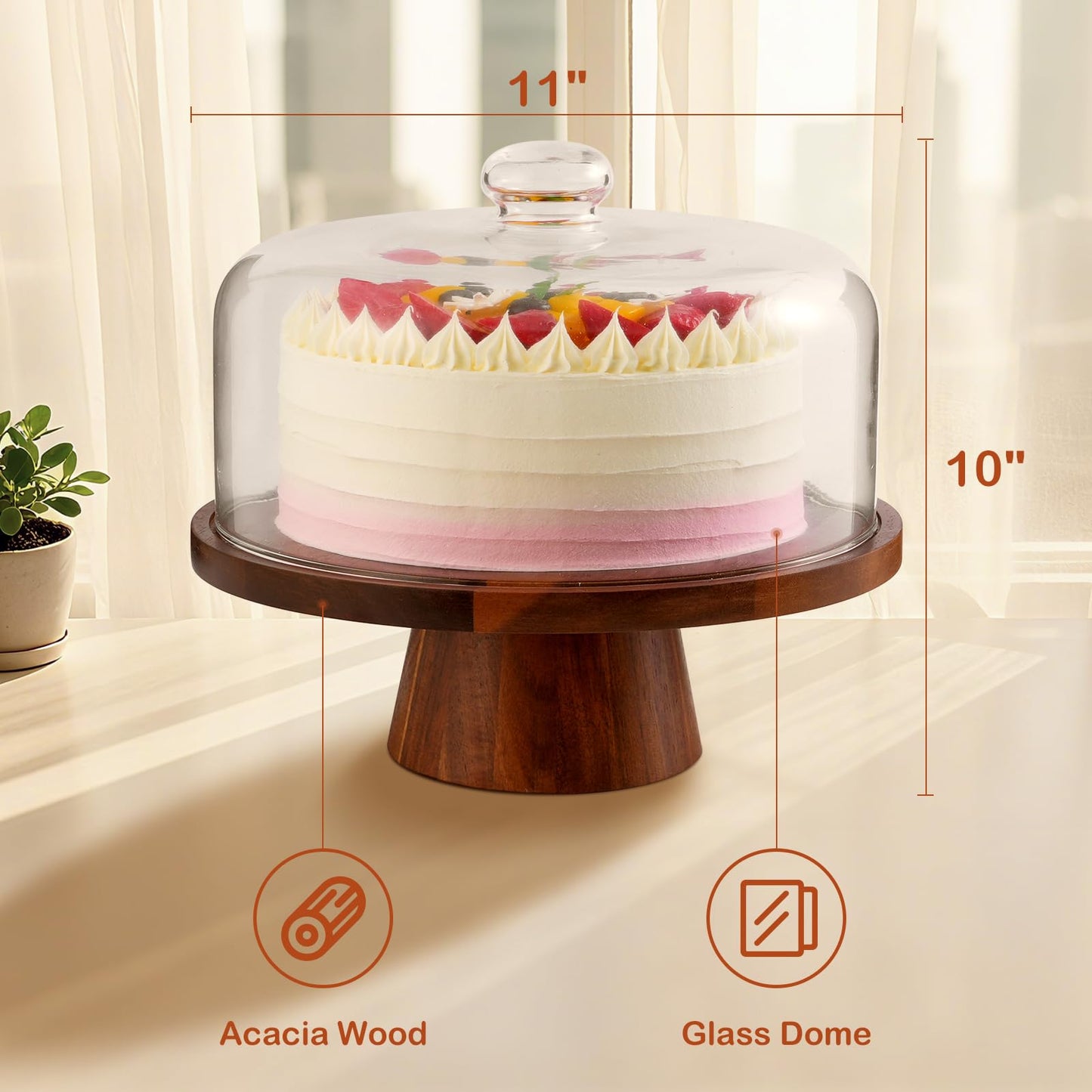 ChilkukUie Acacia Wood Cake Stand with Glass Lid – 12" Magnetic Base, Detachable Serving Tray for Cake, Cheese, Charcuterie, Snacks & Desserts – Wooden Cake Holder for Parties & Kitchen Display