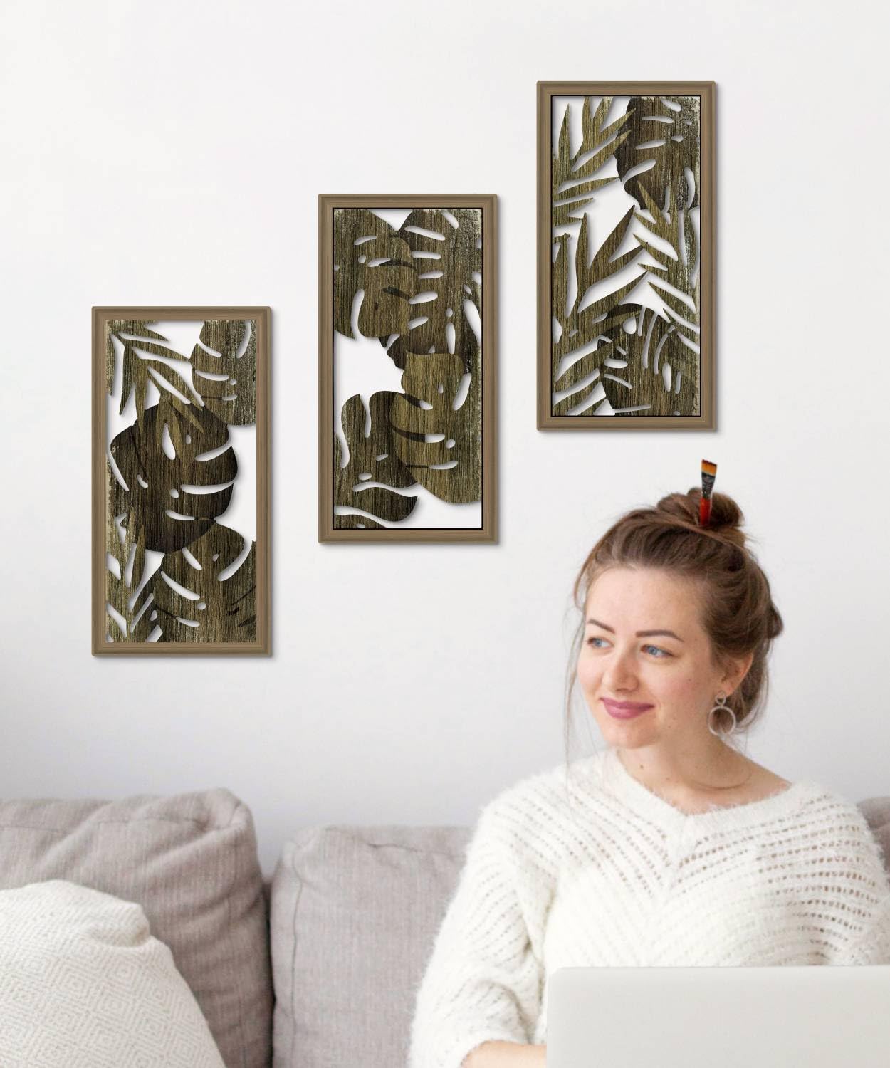 Putuo Decor Tropical Leaf Wall Art, Monstera Palm Leaves Natural Aesthetic Boho Decor, Set of 3 Modern Botanical Art for Living Room, Bedroom, Bathroom, Office 16x8 Inch