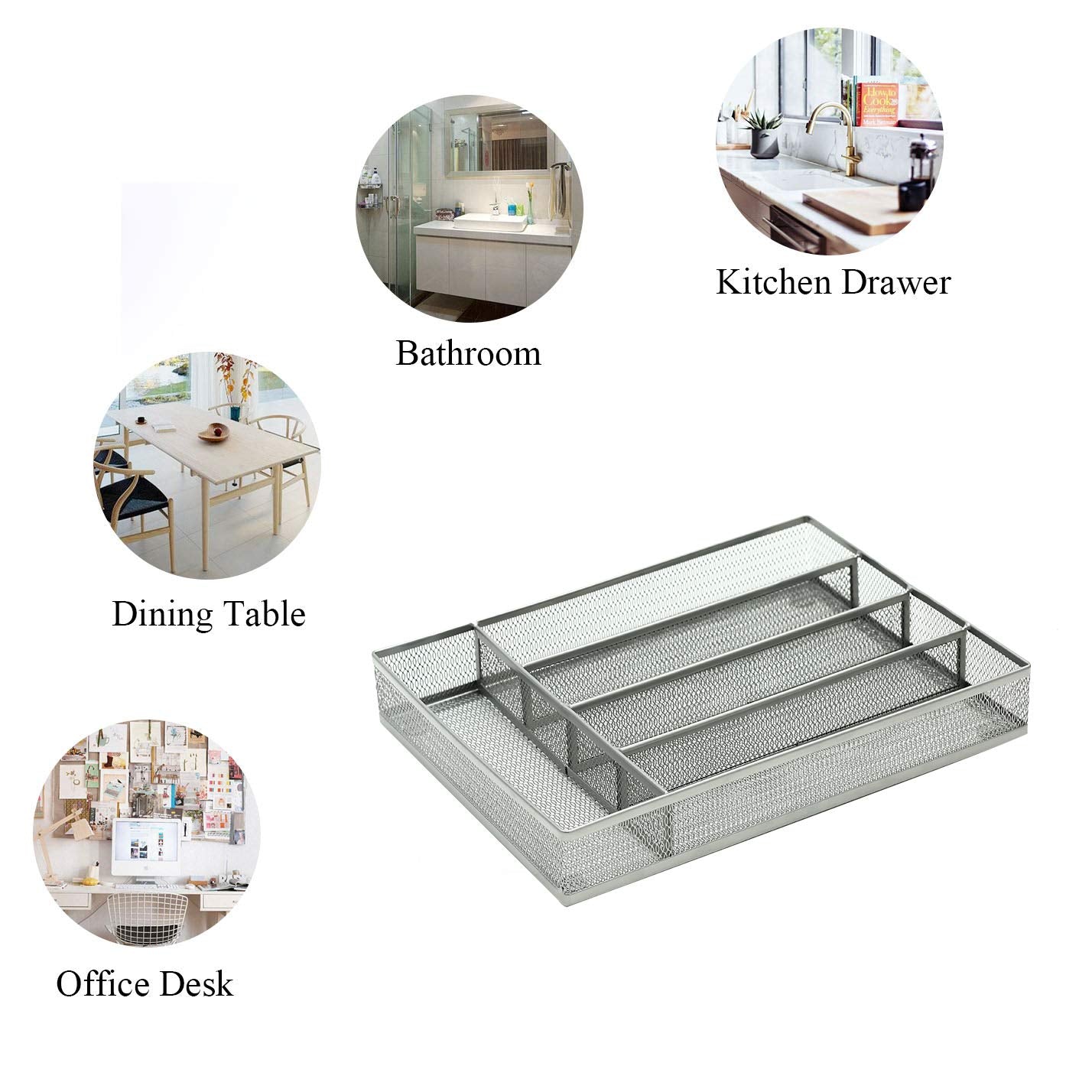 JANE EYRE Drawer Organizer, Cutlery Tray Silverware Flatware Storage Divider for Kitchen, Mesh Wire with Non-slip Foam Feet, 5 Component, Silver