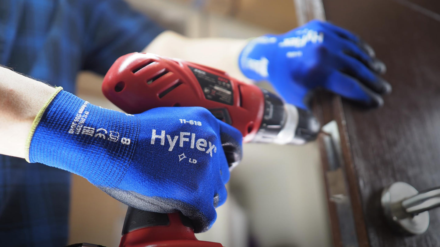Ansell HyFlex 11-618 Ultra-Thin Industrial Safety Work Gloves for Auto, Machinery, Equipment, Fabrication - Size 9, Blue/Black (Pack of 12)