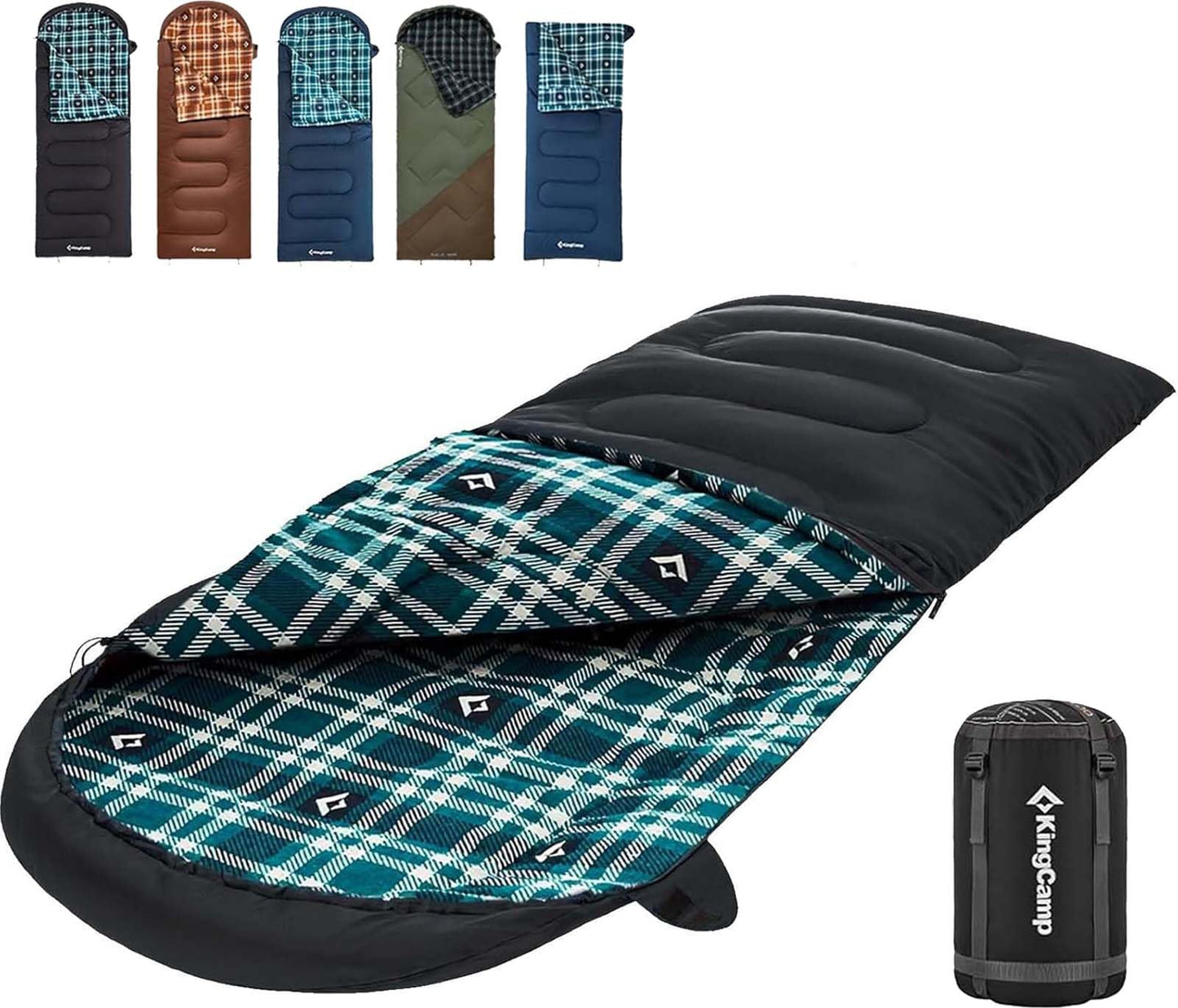 KingCamp Sleeping Bag for Adults, Cold Weather & Warm XL Big and Tall Flannel Sleeping Bags with Compression Sack Portable Waterproof Essentials Gear Accessories for Outdoor Camping (Black Right)