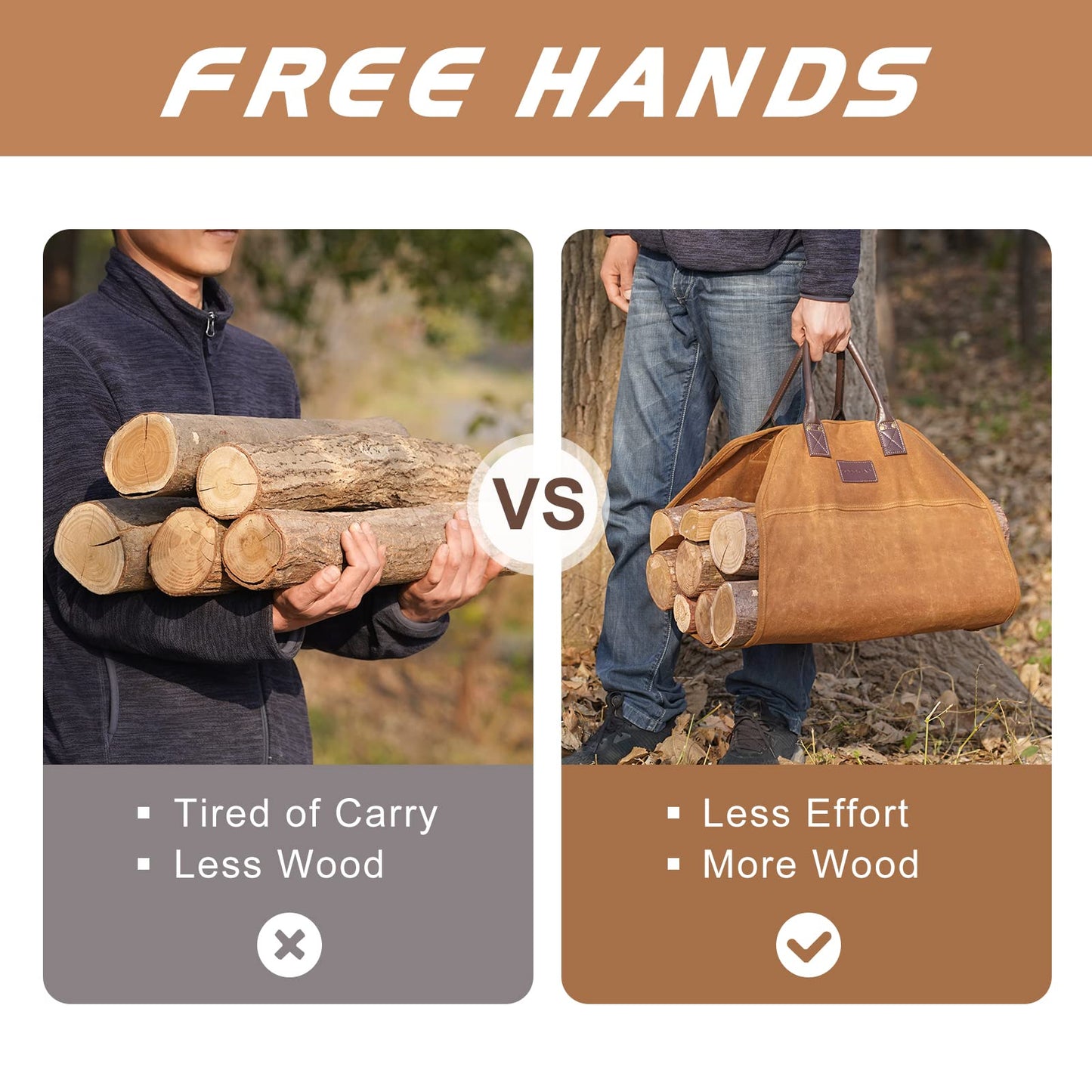 GOOD GAIN Firewood Carrier Waxed Canvas with Faux Leather Handle, Wood Carrier for Firewood, 36x18.5in Heavy Duty Firewood Storage Tote, Fireplace Log Carrier Indoor Bag, Wood Stove Accessories. Khaki