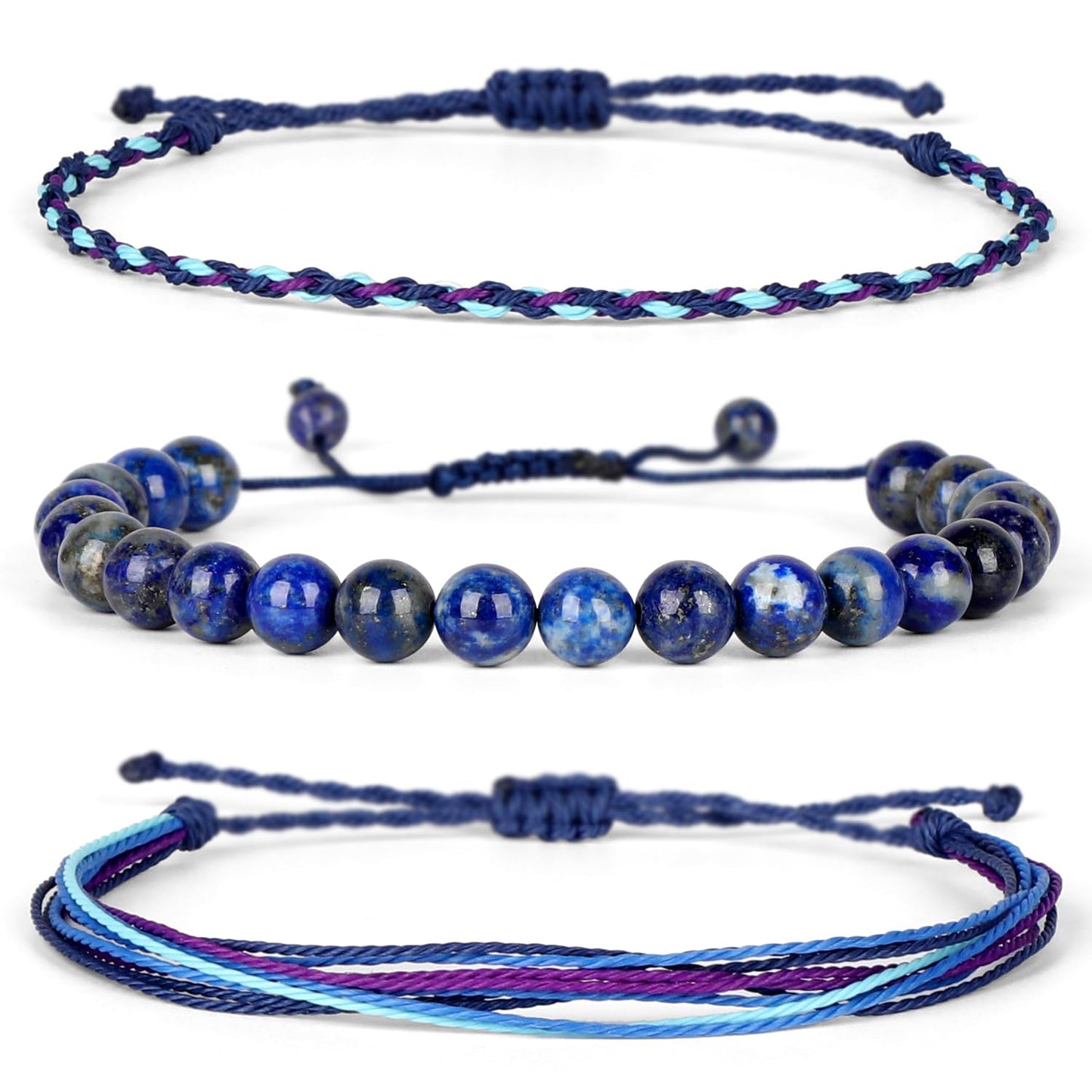 QOGIR Handmade Healing Bracelets for Women,8mm Natural Lapis Lazuli Gem Stone Beads Bracelet,for Men Women Gifts with 2PCS Size Adjustable Rope Bracelets