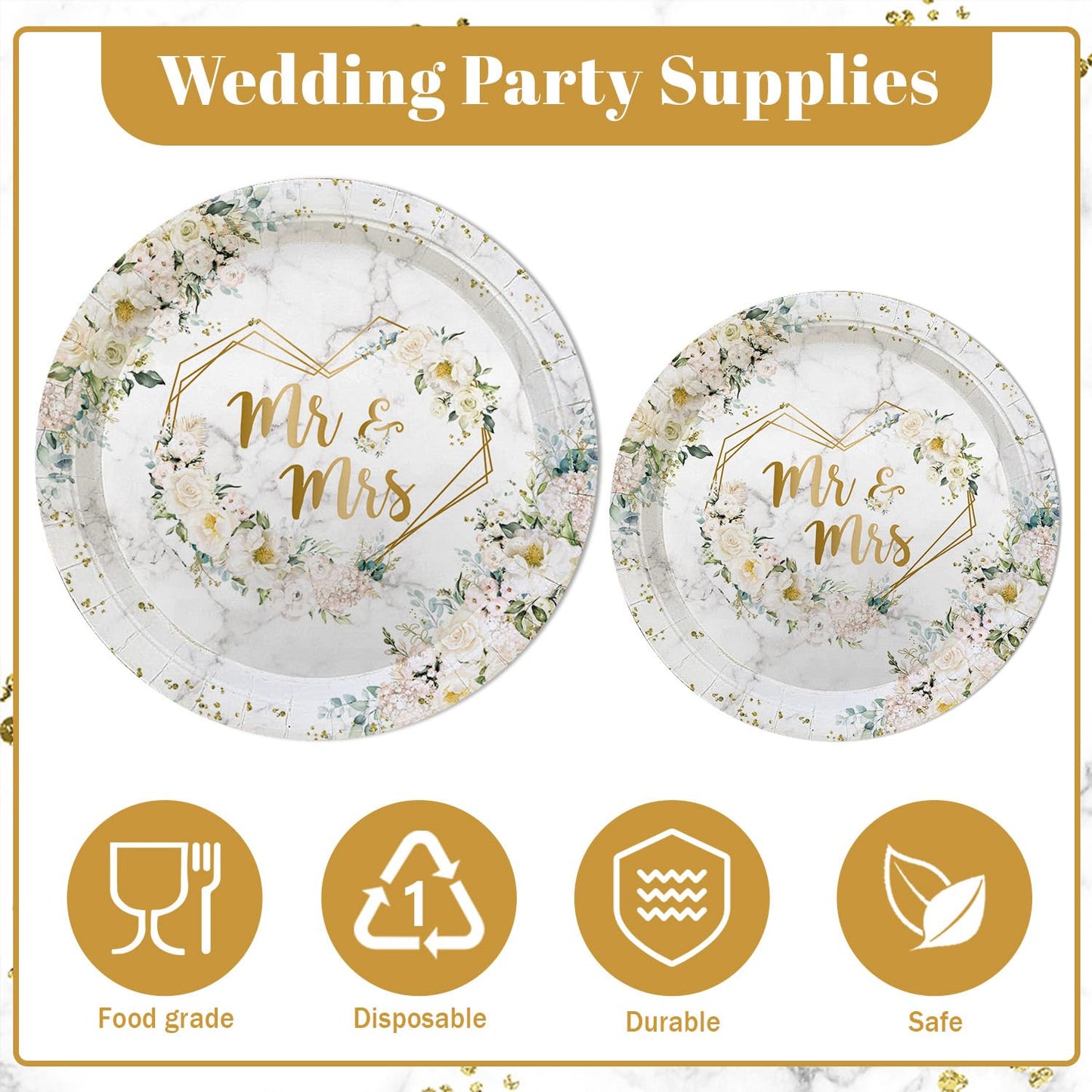 MEHOFOND 193 pcs White Wedding Party Decorations, Mr and Mrs Paper Plates Cup and Nakpins Set, Floral Wedding Disposable Dinnerware with Tablecloth, Bridal Shower Disposable Party Supplies, 24 Guests