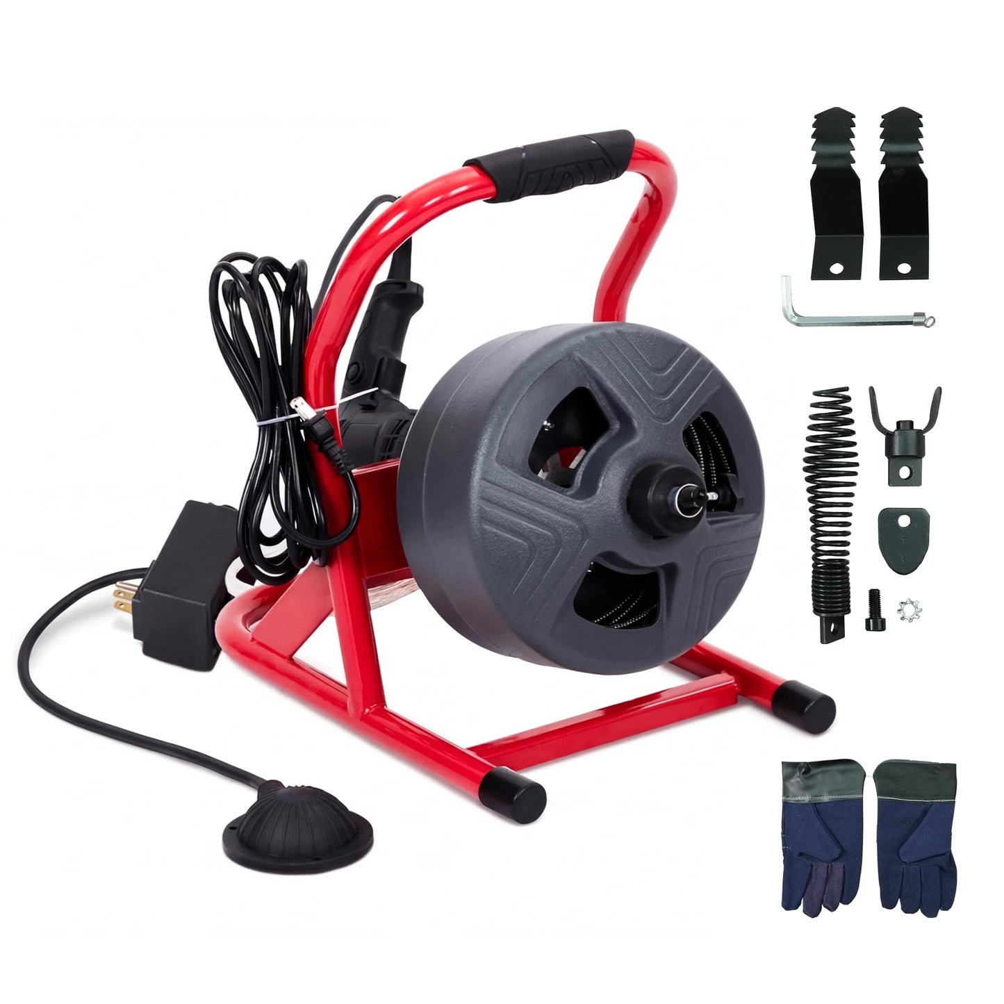 Holdwell S 50FT x 5/16 Inch Drain Cleaner Machine, Electric Drain Auger for 3/4"-3" Pipes, Enclosed Plastic Drum with 4 Cutters & Pneumatic Foot Switch, Sewer Snake Auger