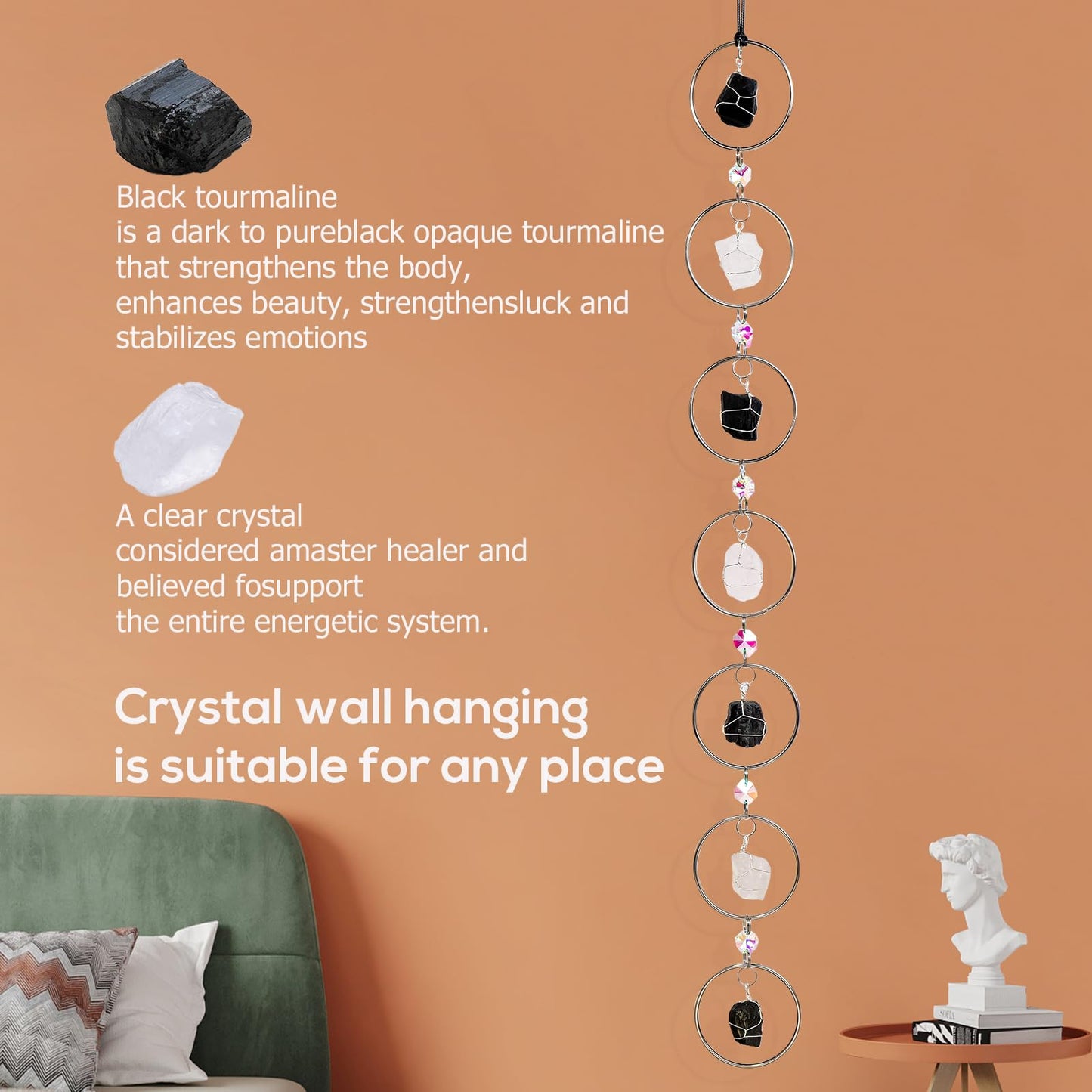 Black Tourmaline Natural Gemstone Wall Hanging - Round Crystal Sun Catcher for Windows, Boho Spiritual Home Decor, Healing Energy Ornament & Unique Gift for Women (Silver)