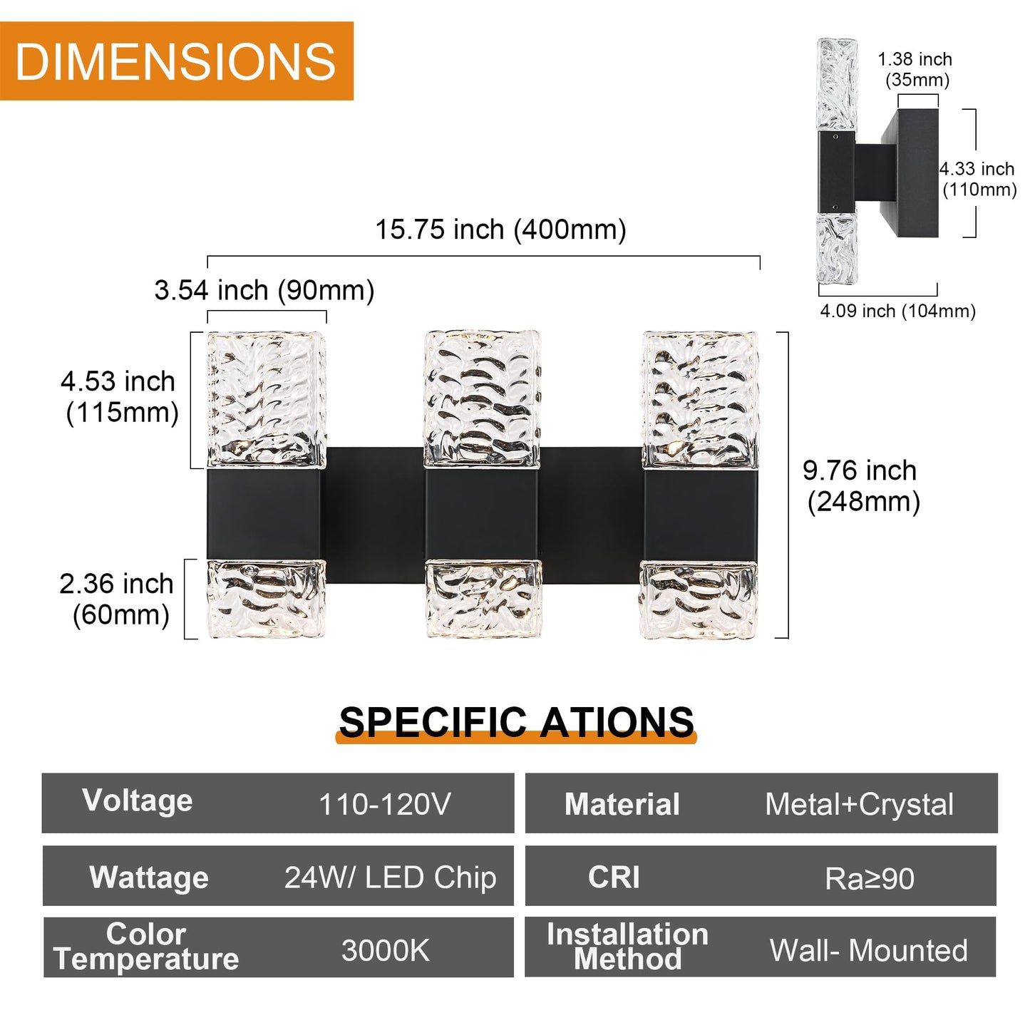 VINLUZ 3 Light Modern Bathroom Lighting Fixture Over Mirror in Matte Black Finish,3000K Dimmable Crystal Wall sconces LED Hardwired Vanity Light for Hallway Gallery
