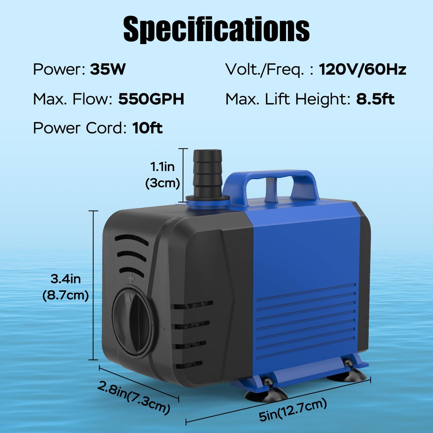Devopet 800GPH Submersible Pump(3000L/H, 55W), Water Fountain Pump with Over Heating Protection, Ultra Quiet Water Pump for Aquariums, Ponds, Hydroponics, Fountains