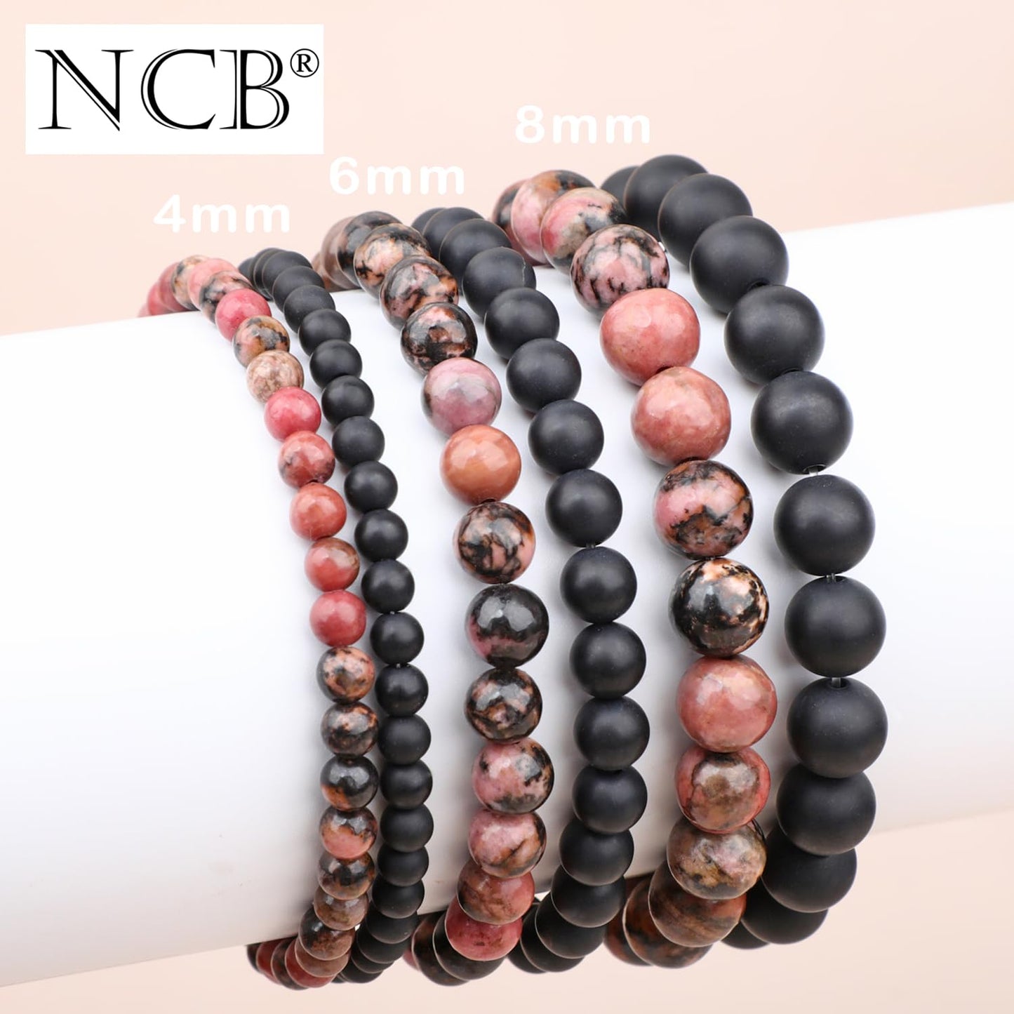 NCB 2-Piece 8mm Natural Crystal Gemstone Stretch Bracelets – ﻿Pink Black Rhodonite, Matte Black Agate Handmade Reiki Energy Healing Jewelry for Meditation,Yoga, Unisex