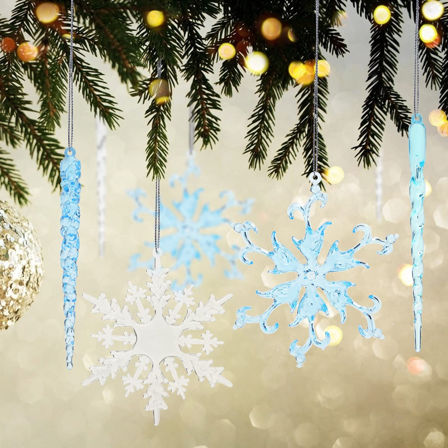 VGOODALL 36PCS Clear Snowflake & Icicle Ornaments, Acrylic Christmas Tree Decorations with Gold & Silver Strings Winter Wedding/Party/DIY Decor