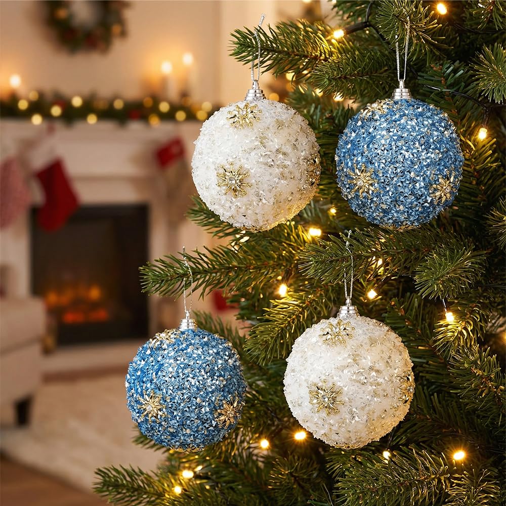 Set of 4 White & Blue Christmas Tree Ornaments, 3.15" Glitter Crushed-Ice Ball Ornaments with Gold Sunburst Accents, Handcrafted Shatterproof Hanging Decorations for Xmas Tree & Holiday Home Decor