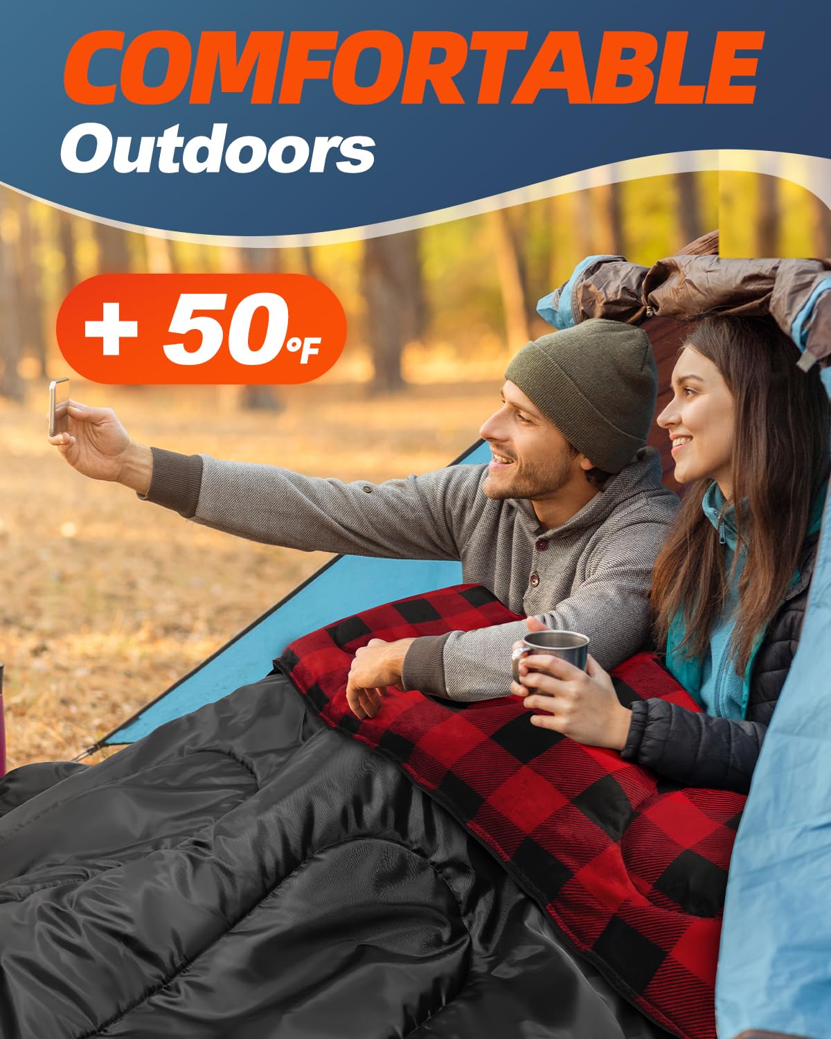 MEREZA Flannel Double Sleeping Bag for Adults Cold Weather, XL Queen Size Sleeping Bag for All Season 2 Person Big and Tall Sleeping Bags for Camping 0 Degree with Pillow