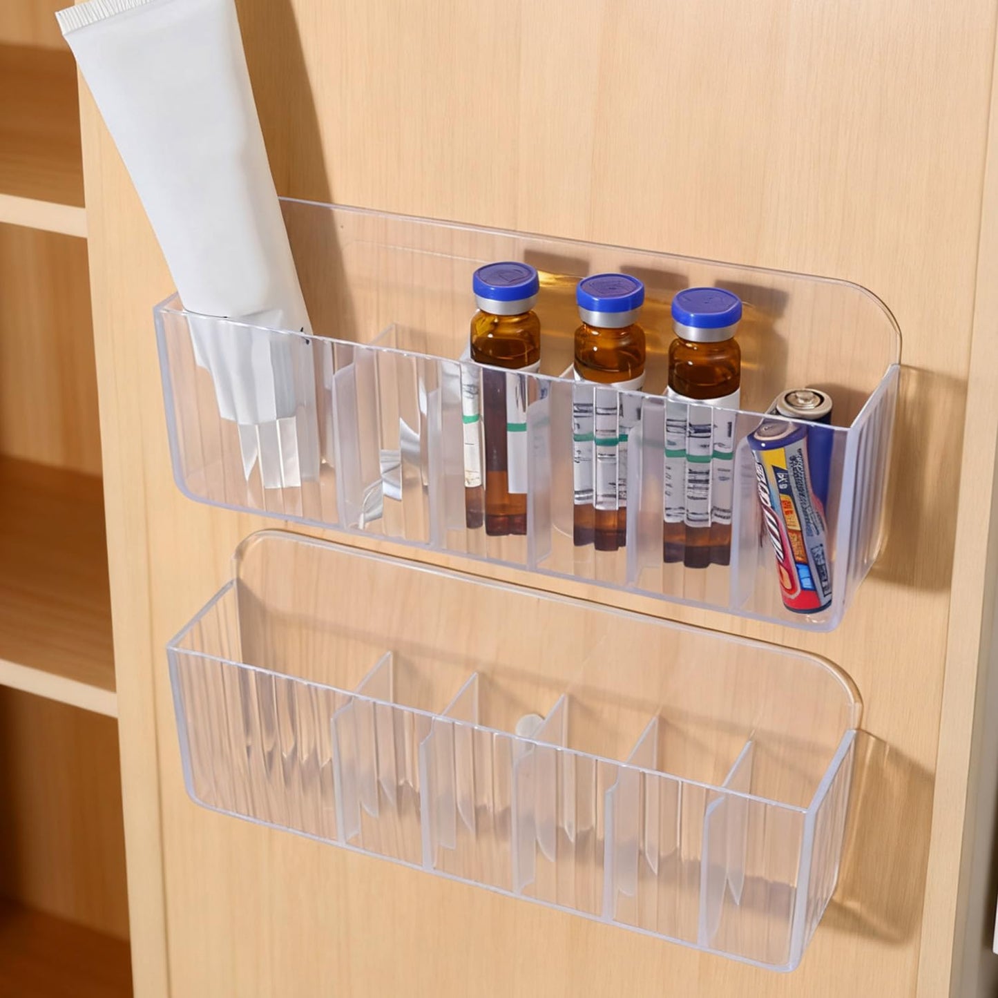Wall Mount Storage Organizer, Clear Storage Box Holder Basket with 6 Compartments No Drilling Hang Walls/Doors for Kitchen, Cabinet, Bathroom, Bedroom, Office (19x8x3.8cm)